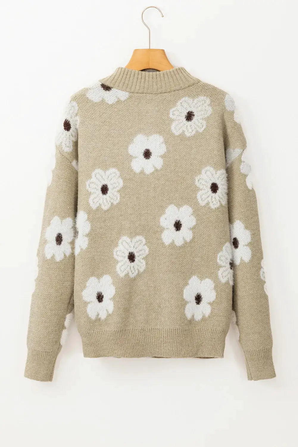 Flower Half Zip Long Sleeve Sweater beige knit with white floral pattern