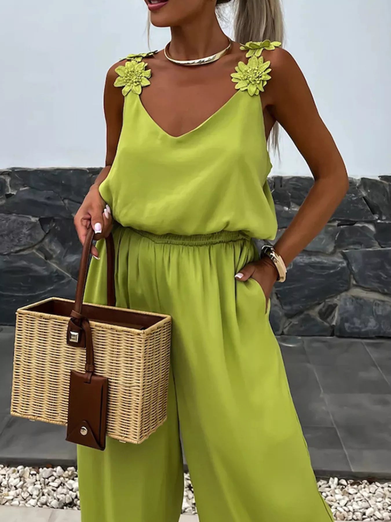 Floral applique V-neck lime green wide-leg jumpsuit with flower-embellished shoulder straps