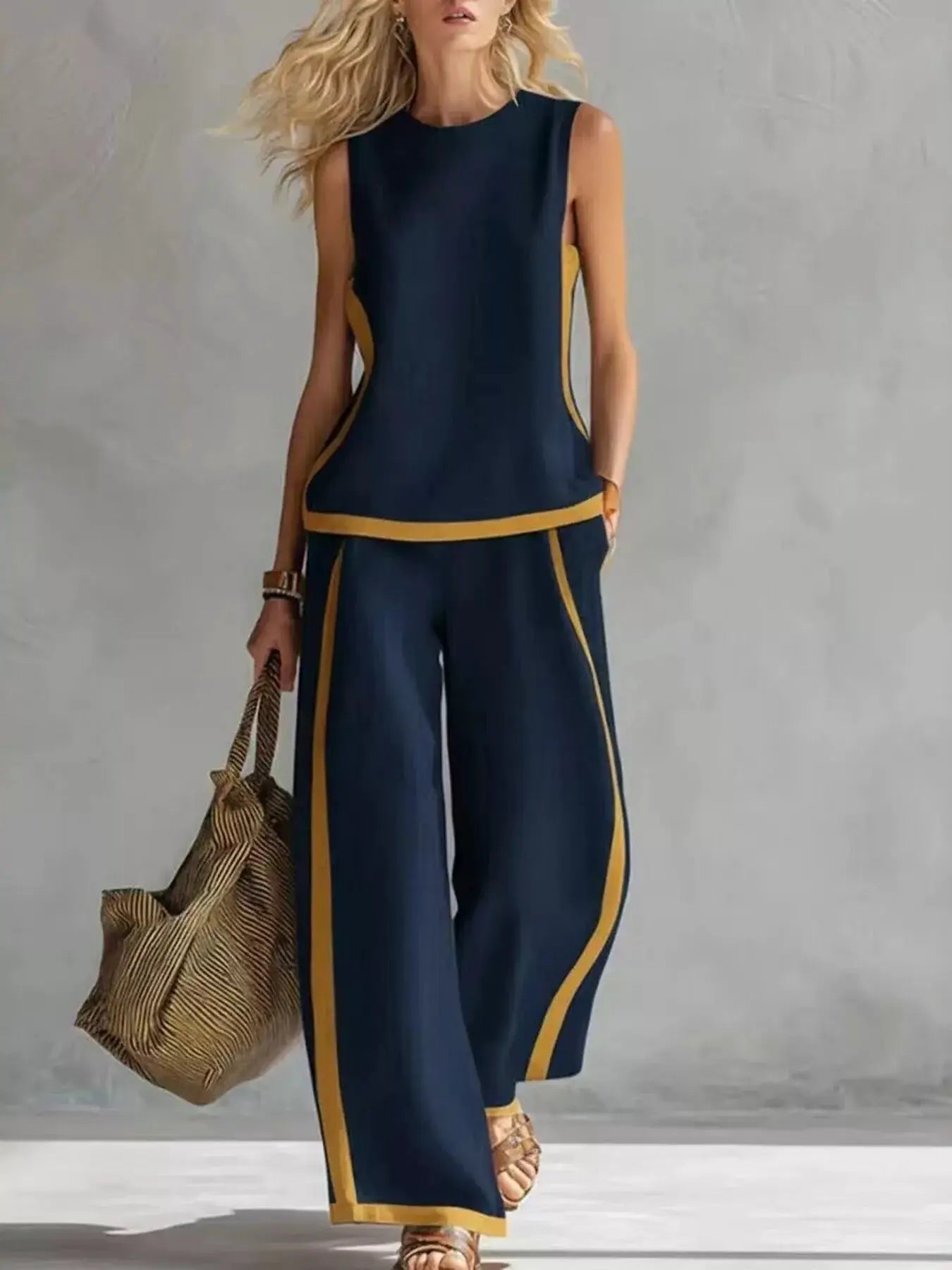 Plus-size navy sleeveless top and wide-leg pants set with mustard-yellow trim