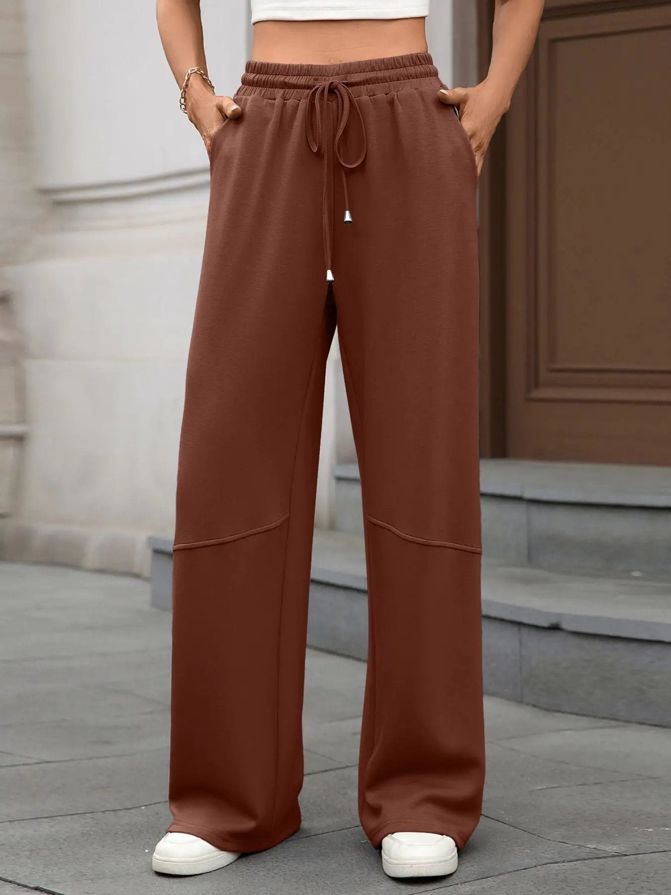 Drawstring high-waist wide-leg casual pants in rust-brown with pockets