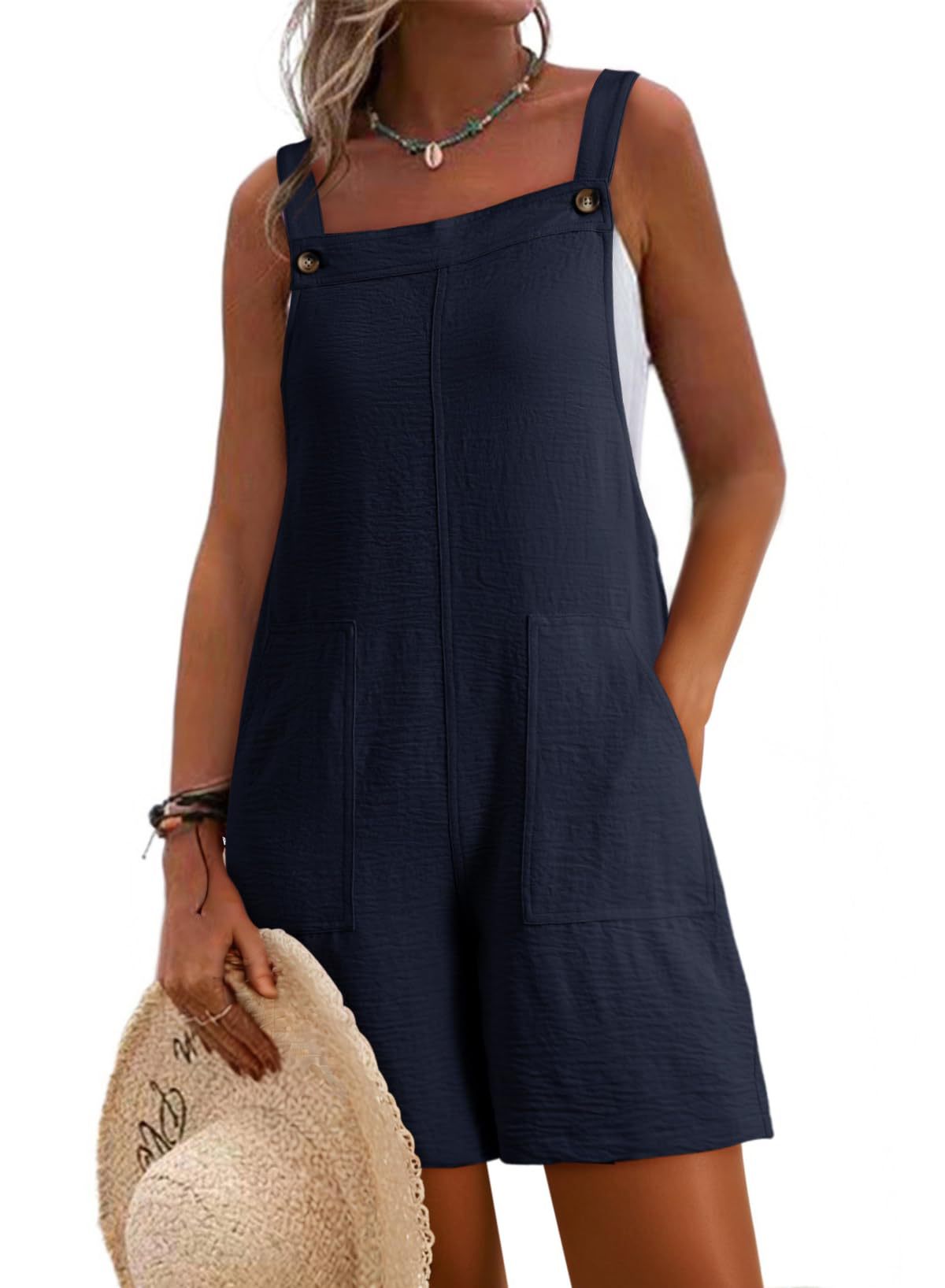 Bellebijouix navy casual wide-strap overalls with pockets, buttoned front, one-piece outfit