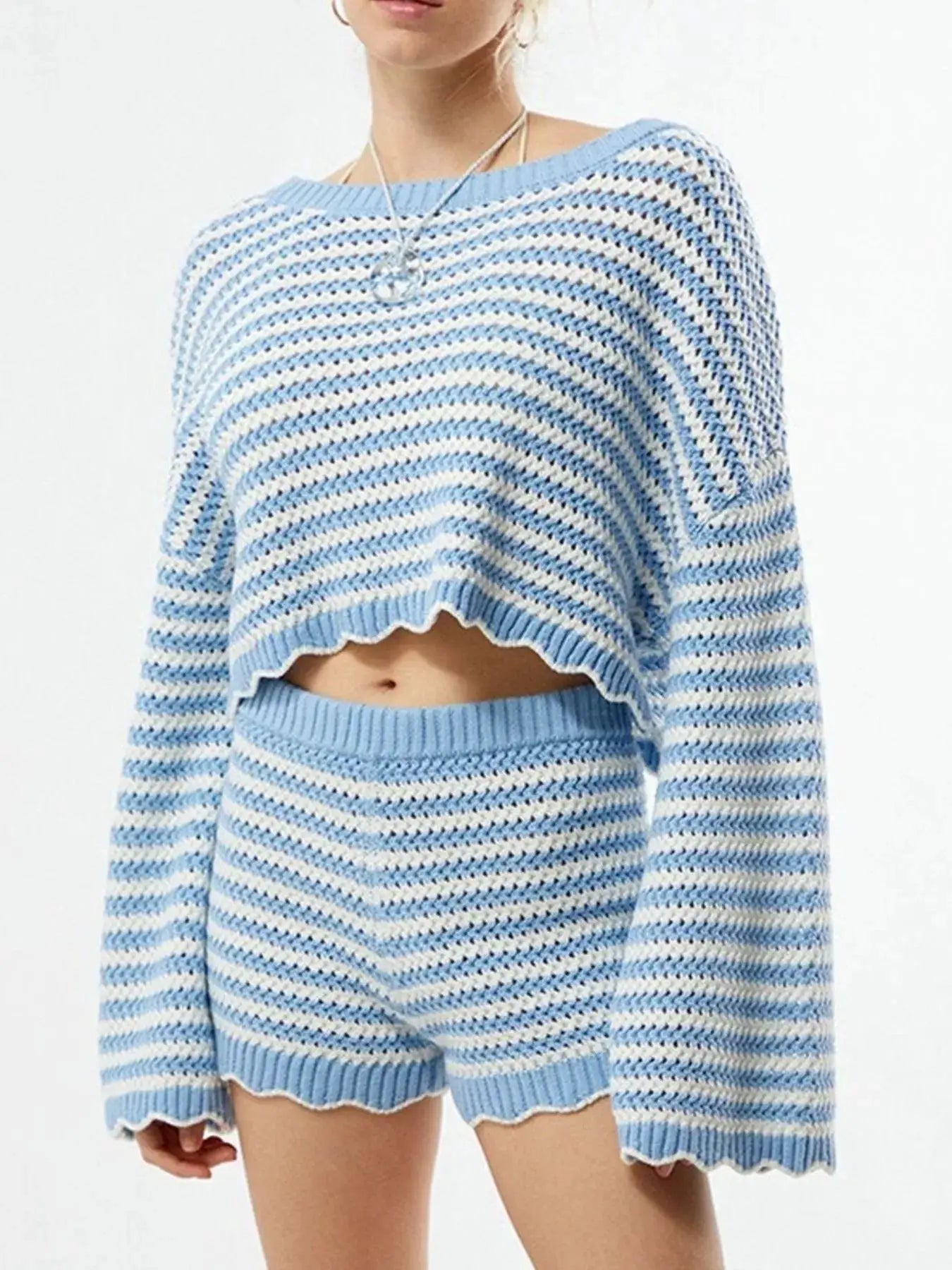 Scalloped Edges Striped Knit Top and Shorts Set in light blue and white by Trendsi