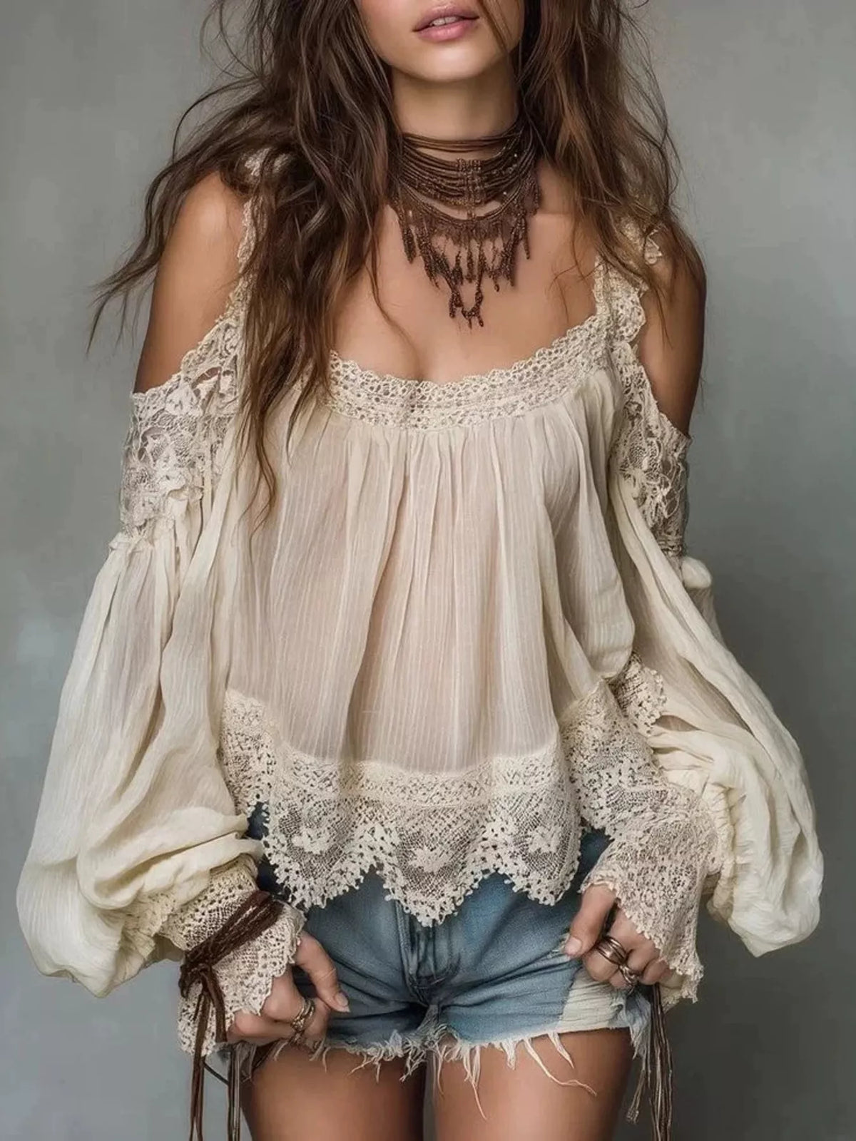 Lace Trim Cold Shoulder Blouse