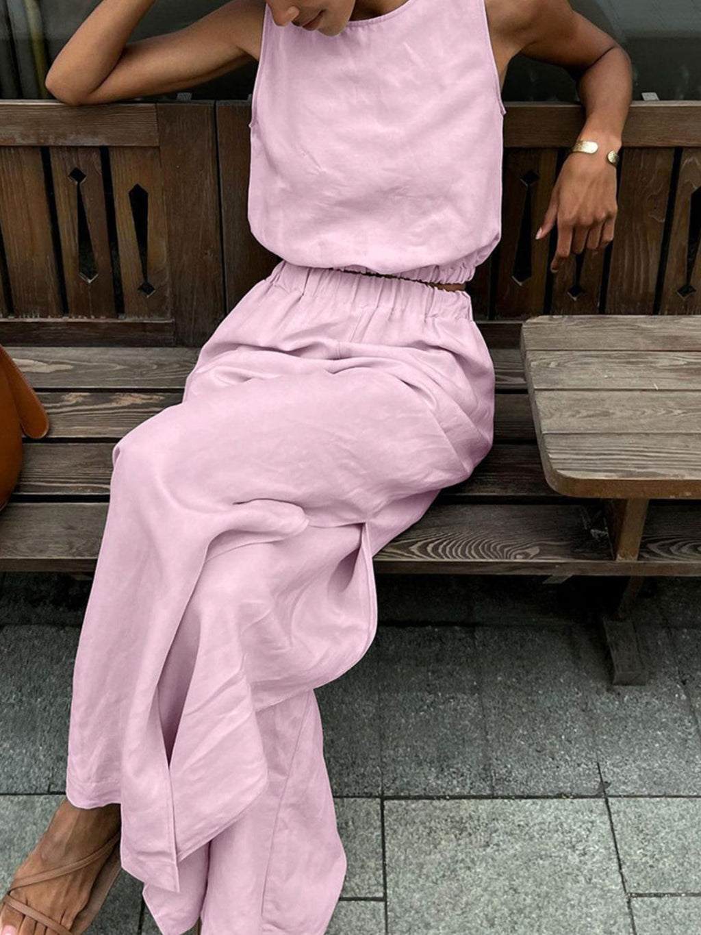 Belle Bijouix sleeveless crop top and slit pants set in pale pink with elastic waist