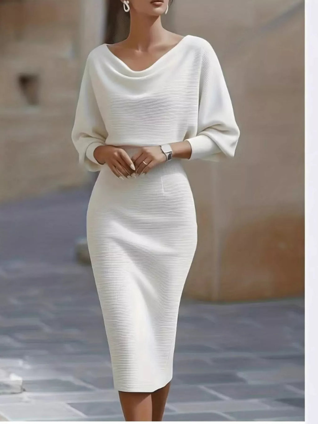Cowl Neck Knit Bodycon Dress by Belle Bijouix in white knit fabric, long sleeves, fitted midi