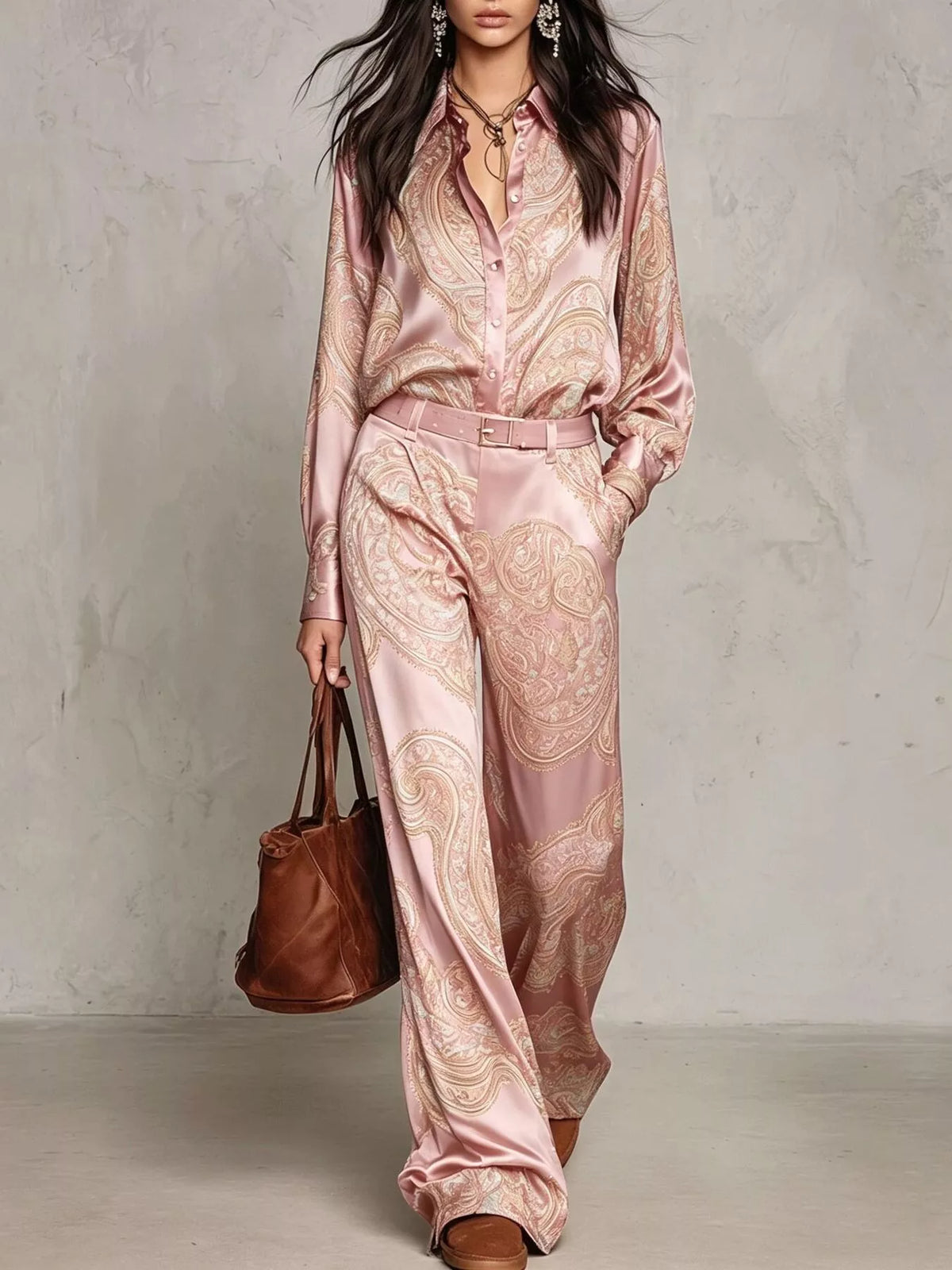 Front view of blush pink paisley shirt and wide-leg pants set