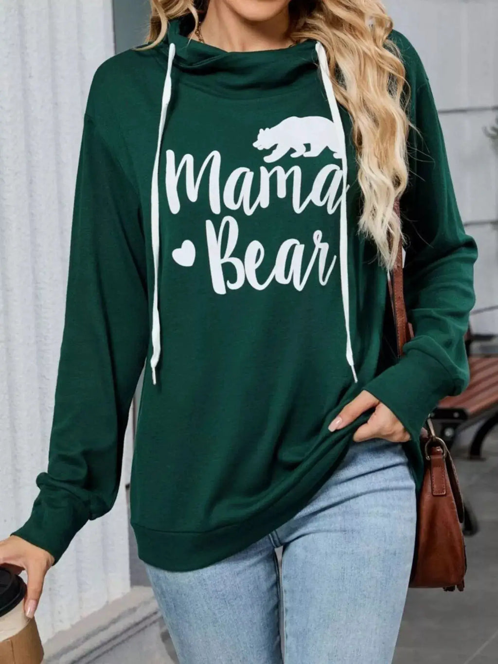 Letter Drawstring Long Sleeve Hoodie by Belle Bijouix, green sweatshirt with white drawstrings and Mama Bear graphic