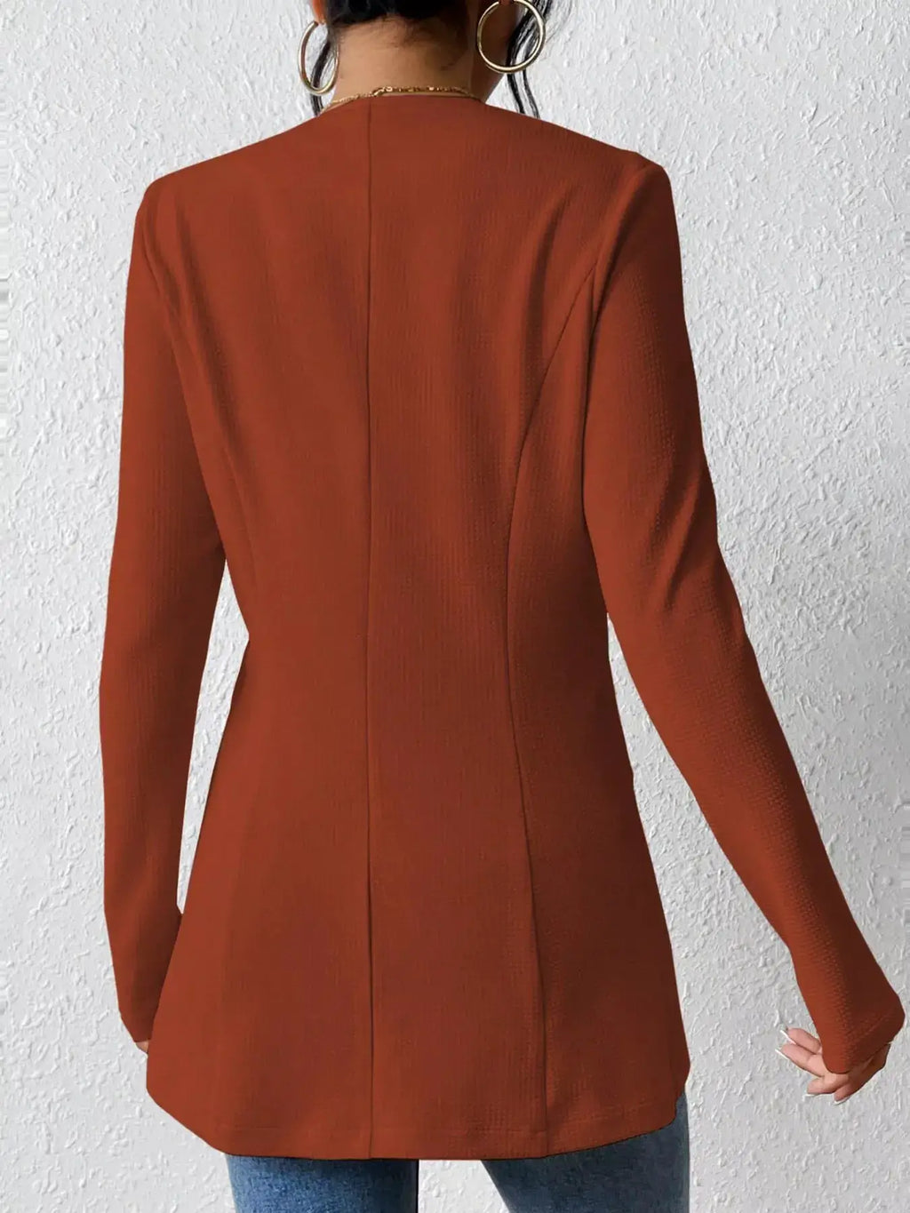 Single-Button Long Sleeve Blazer in rust orange, back view; tailored TOPS jacket