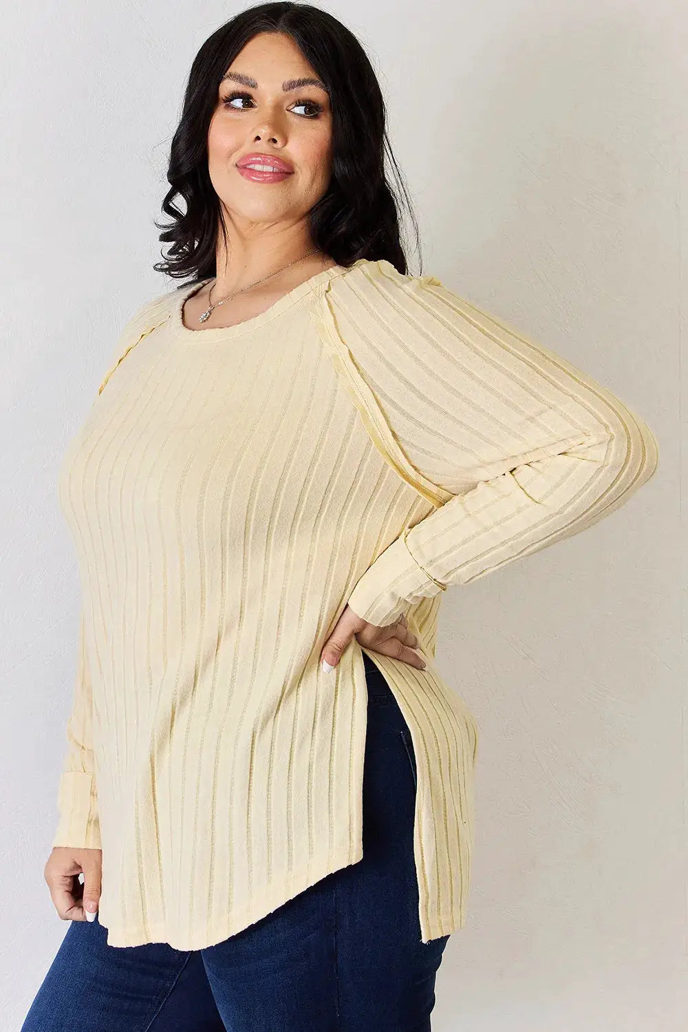 Basic Bae ribbed round-neck slit T-shirt in pale yellow by Belle Bijouix