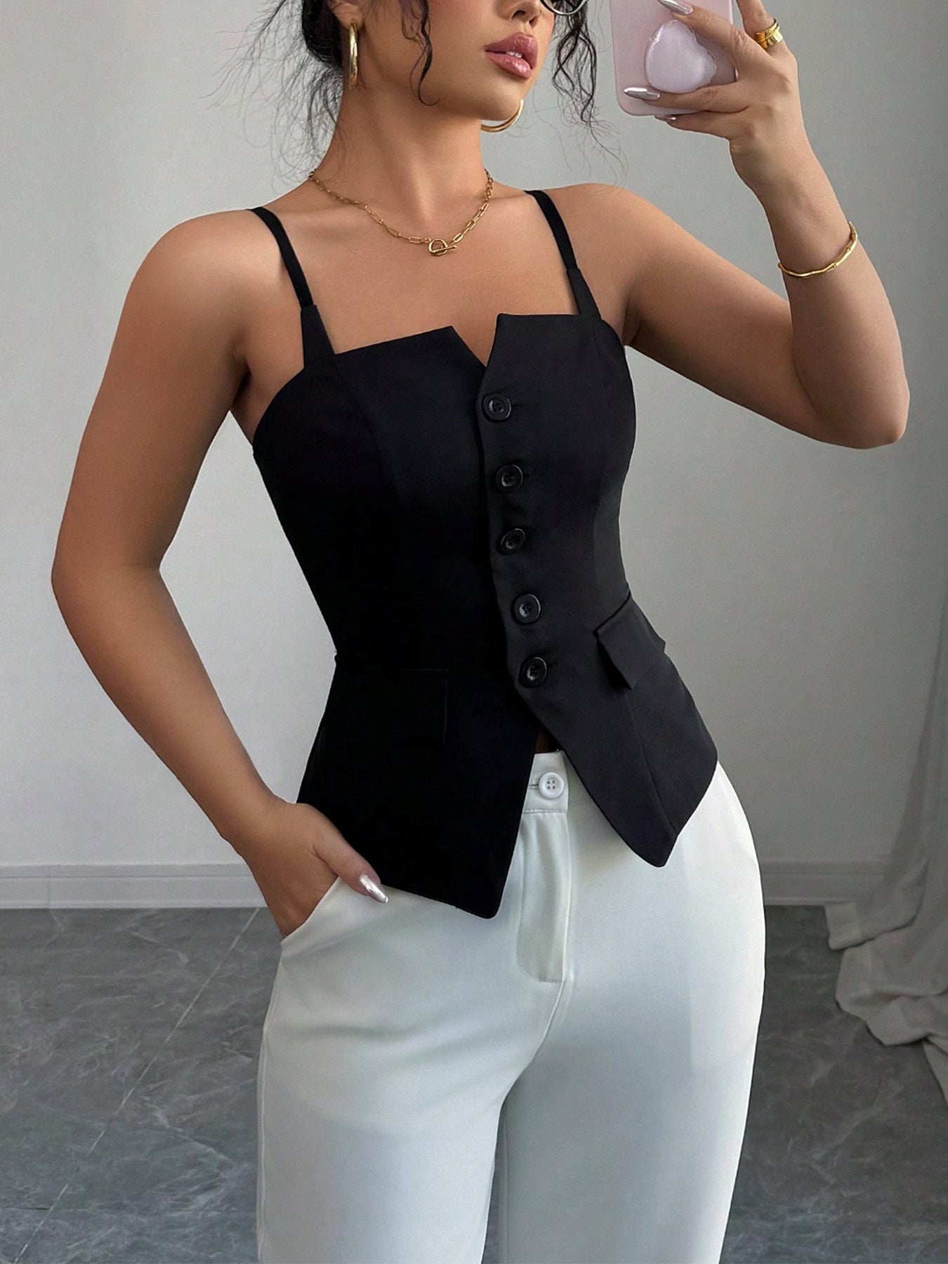 Button-front Fitted Cami by Trendsi in black with spaghetti straps