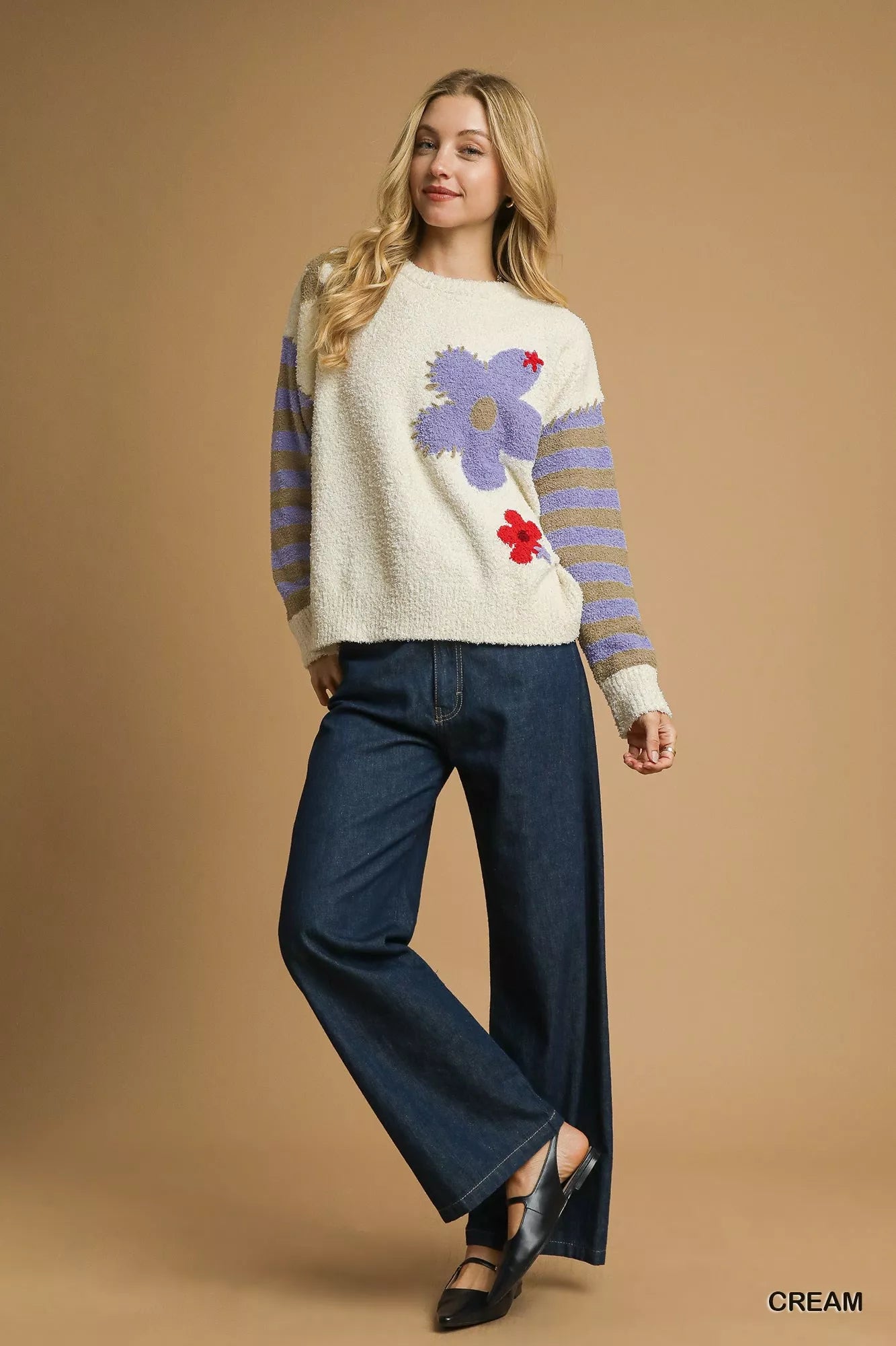 Umgee Flower Jacquard Striped Long Sleeve Sweater in cream with lavender flower motif and striped sleeves