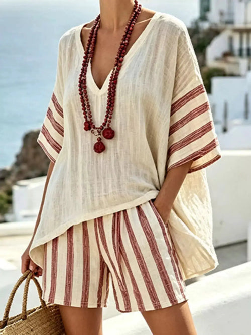 Full Size Striped 3/4 Sleeve Top and Shorts Set in cream with red stripes, plus size.