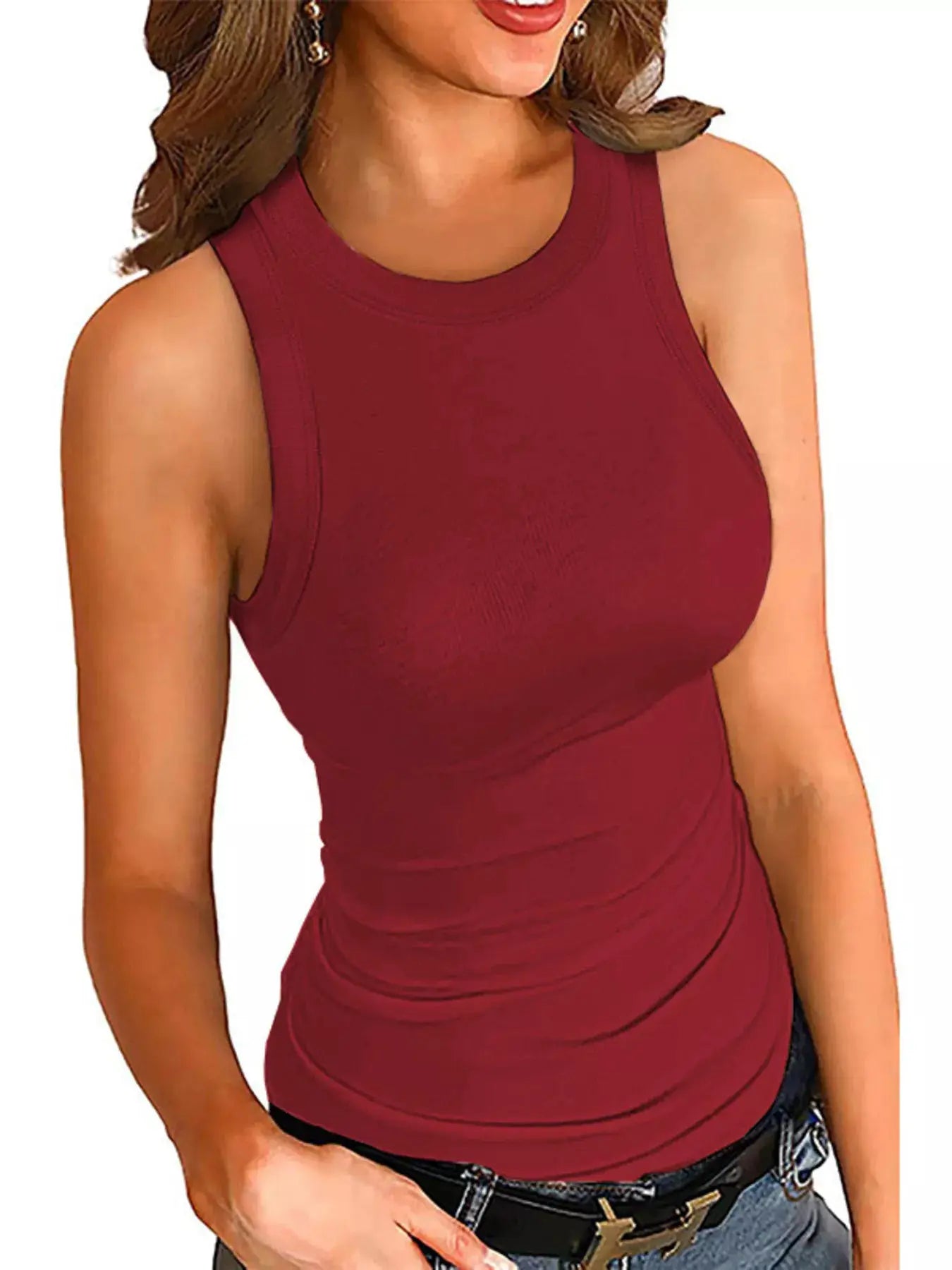 Tank top plus-size burgundy ribbed round-neck sleeveless