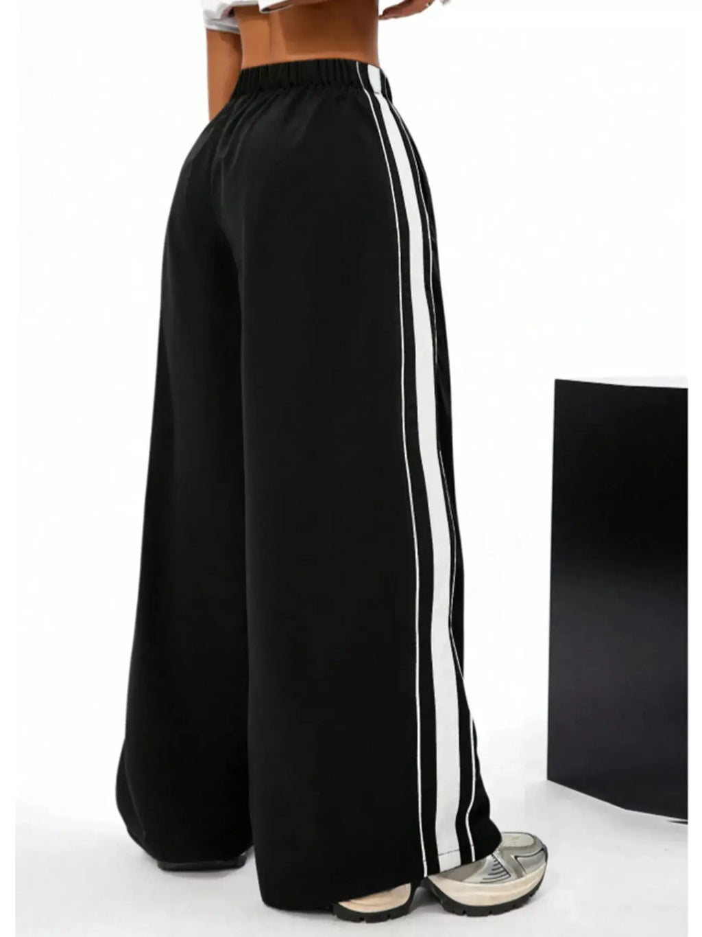 Wide Leg Striped Pants by Bellebijouix, black activewear with white side stripes.