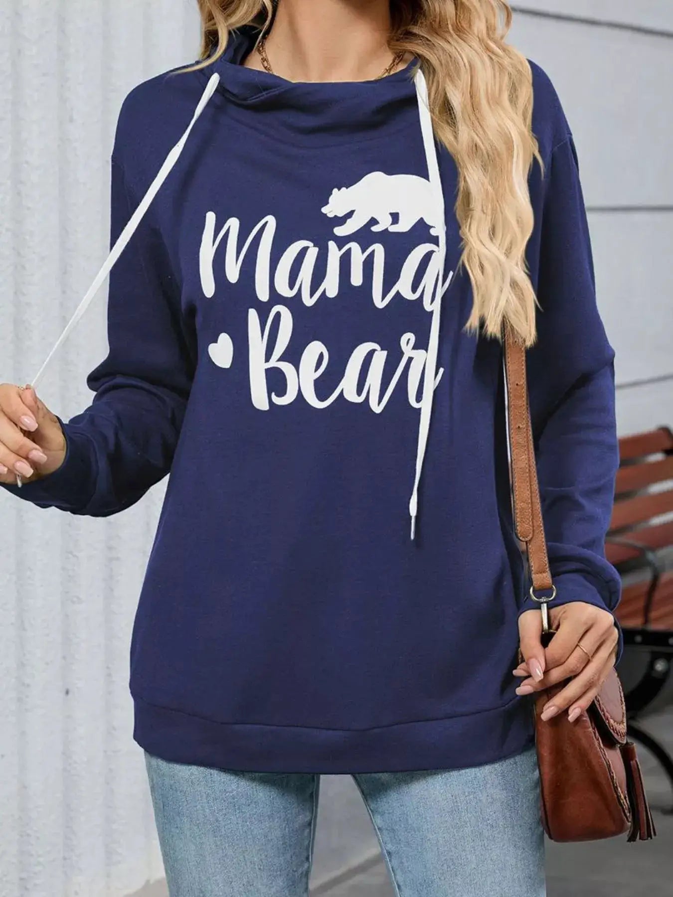 Letter Drawstring Long Sleeve Hoodie, navy with white drawstrings and Mama Bear graphic.