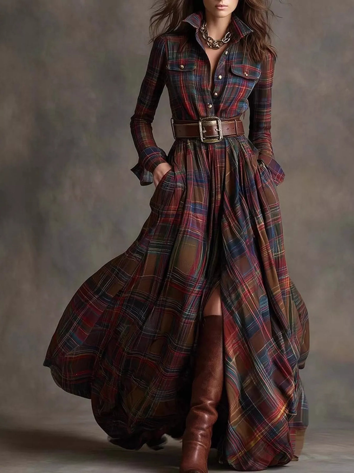 Belted Plaid Button-Down Maxi Shirt Dress in Multicolor Plaid by Belle Bijouix – view 1 of 27