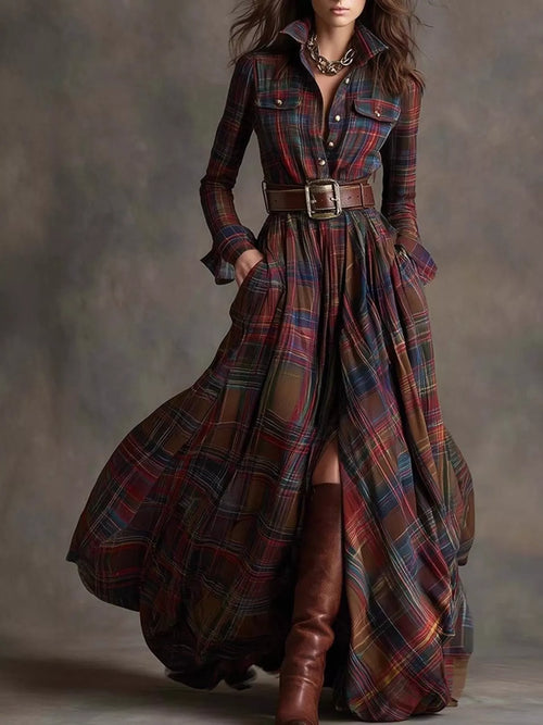 Belted Plaid Button-Down Maxi Shirt Dress in Multicolor Plaid by Belle Bijouix – view 1 of 27