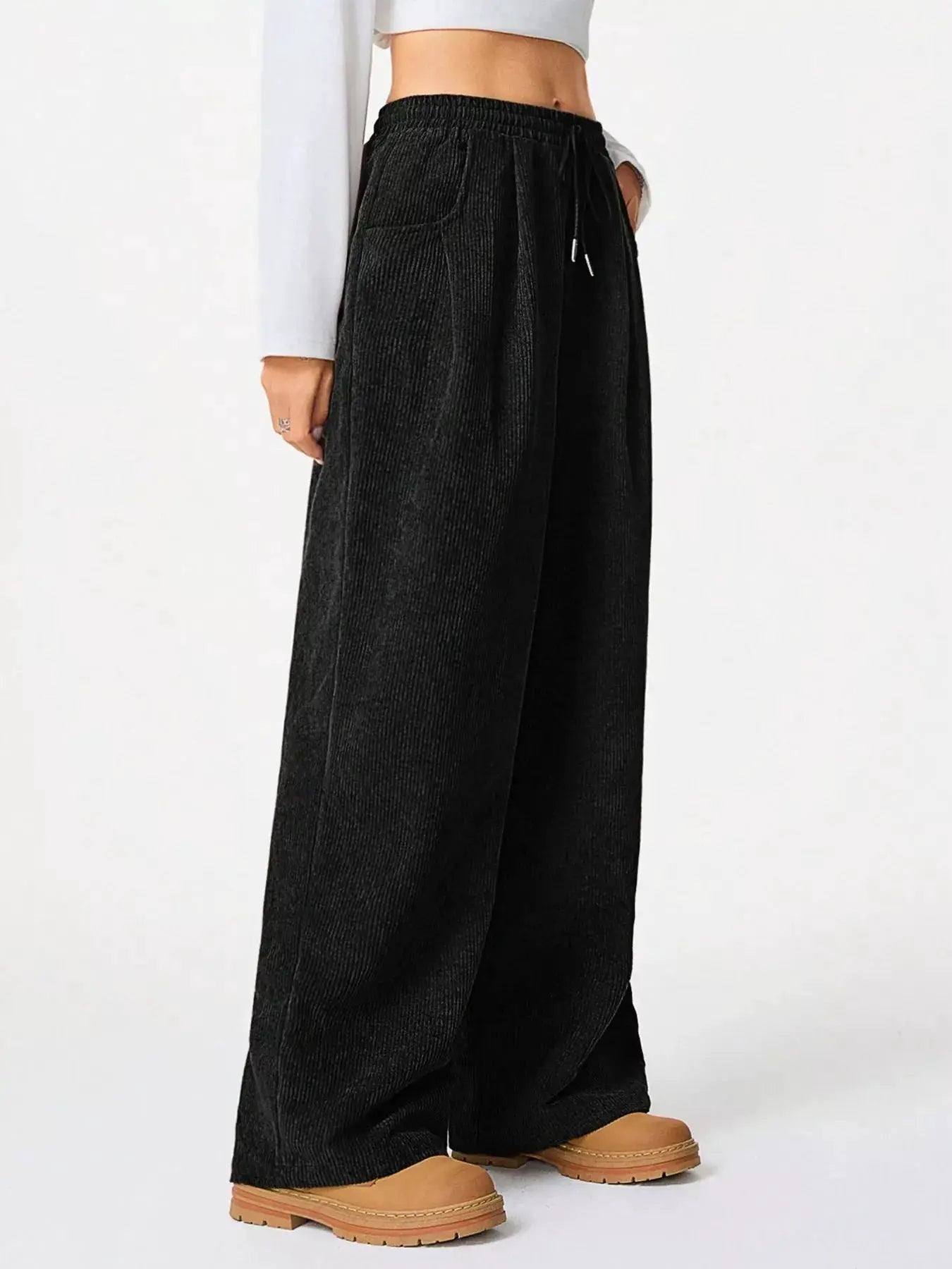 Casual Corduroy Wide Leg Pants by Belle Bijouix, black with drawstring and pockets.