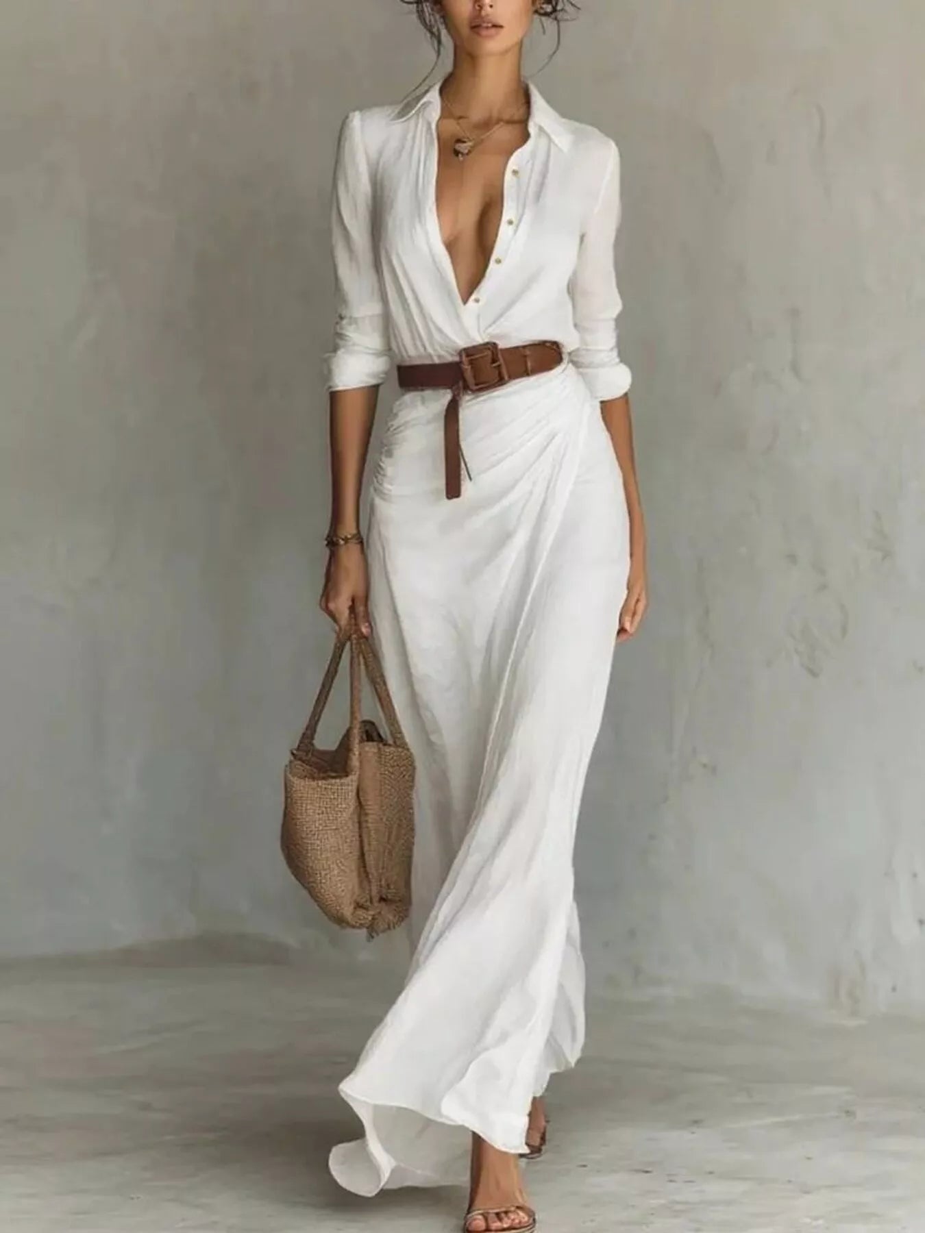 Full Size Ruched Long Sleeve Maxi Dress Plus Size by Belle Bijouix, white with belted waist and buttoned front.