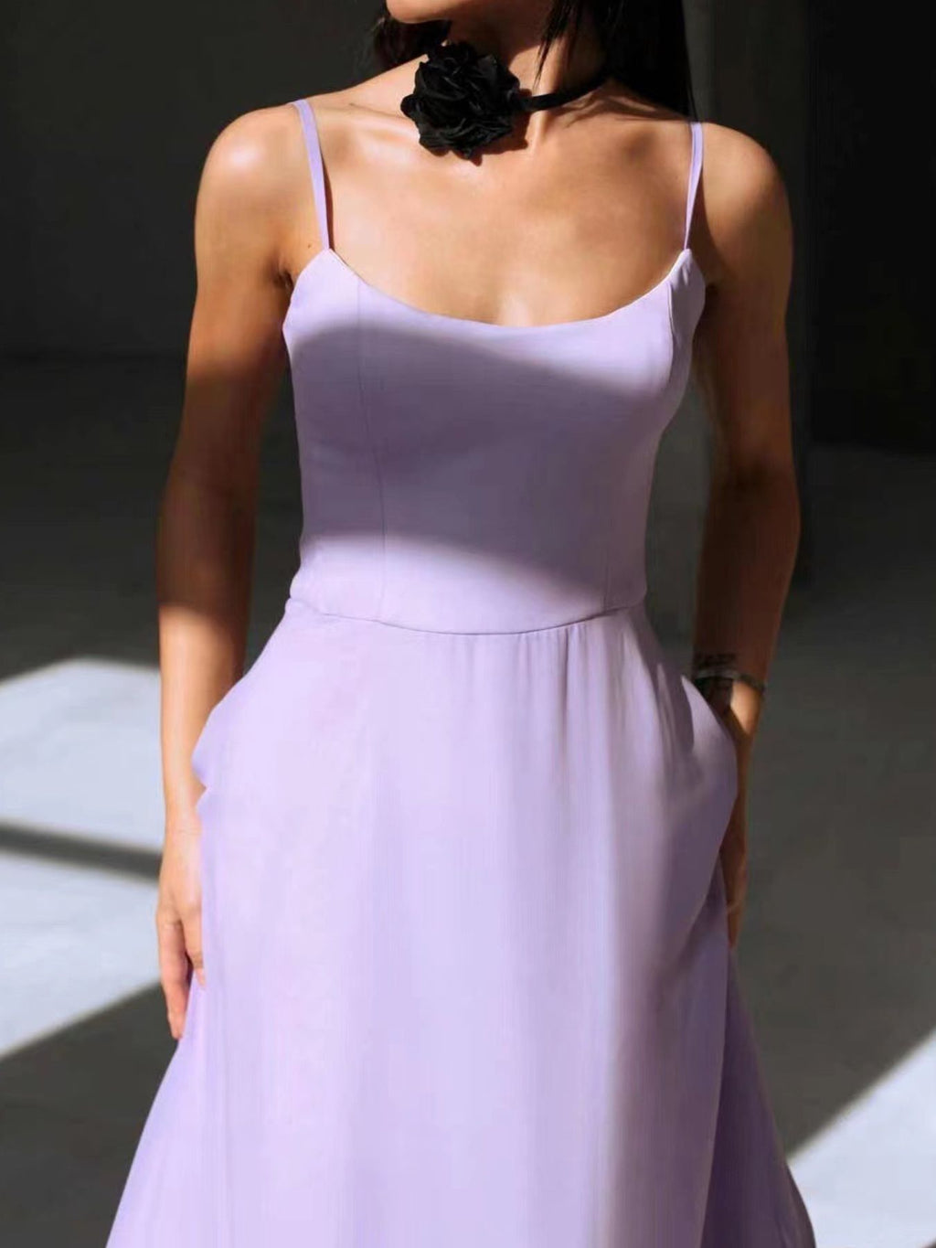 Trendsi lavender ruffle-hem scoop-neck midi dress with black flower choker.