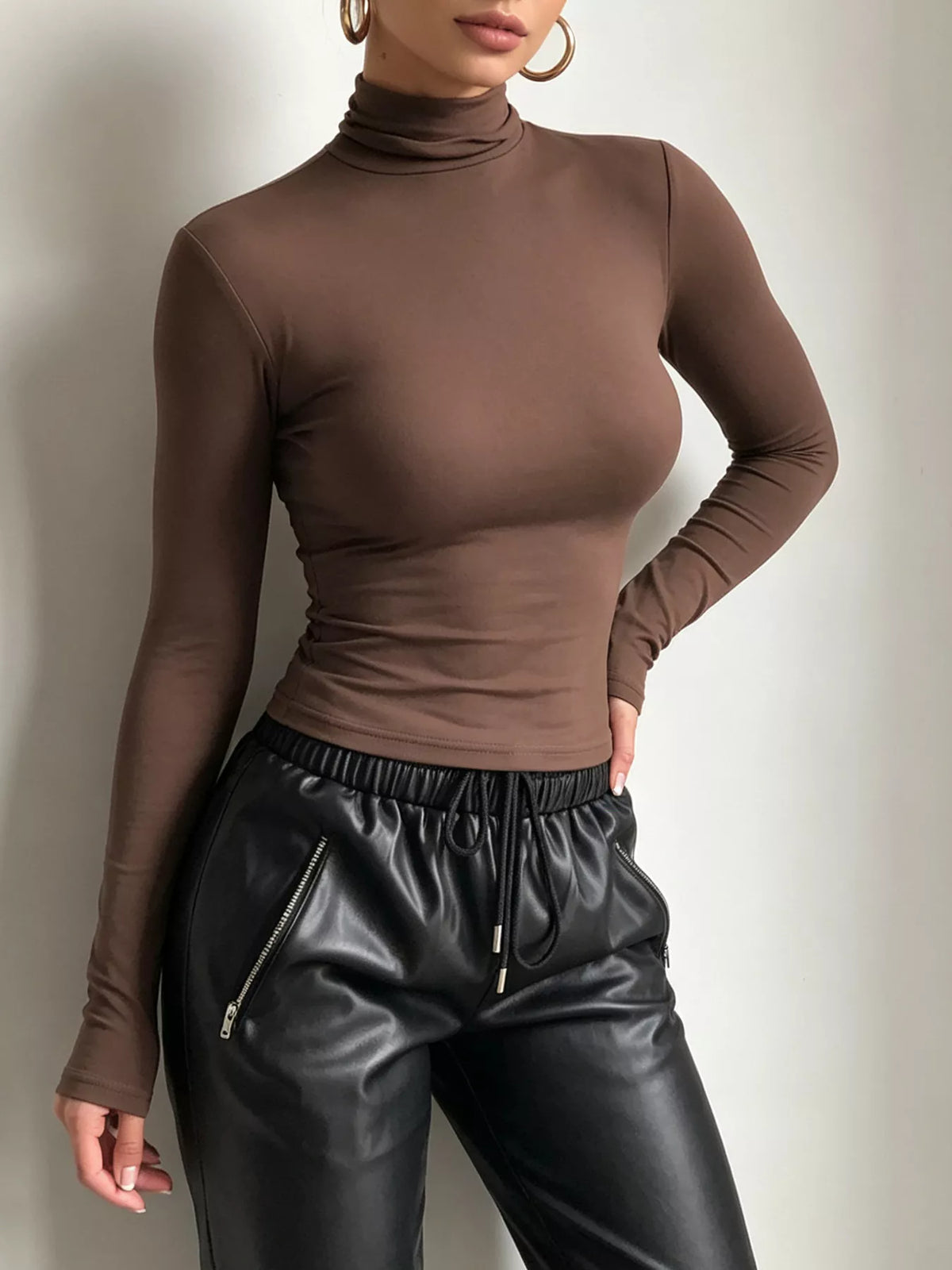 Polyester-Blend Mock Neck Long Sleeve Top