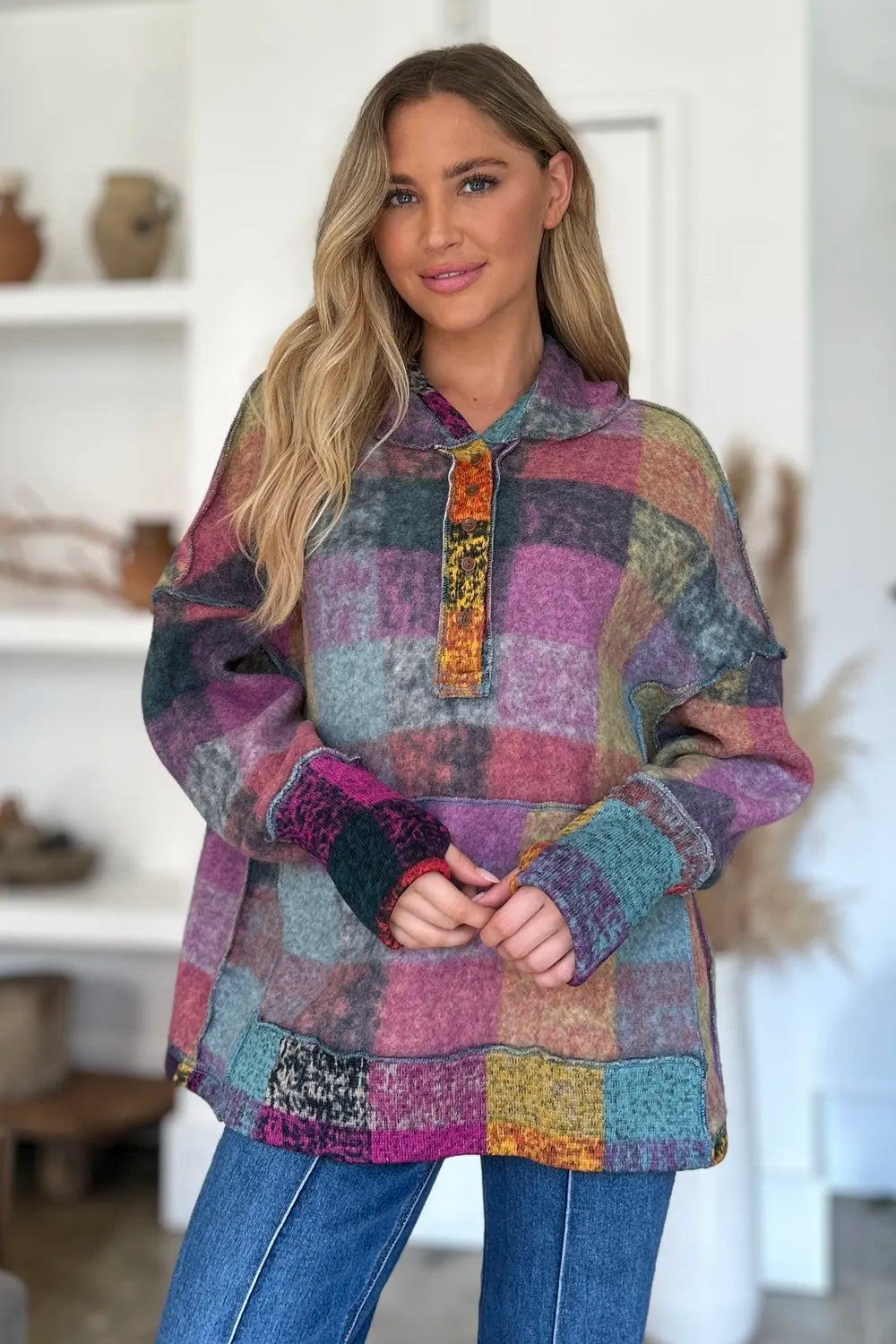 Double Take full size multicolor plaid fleece hoodie by Belle Bijouix with dropped shoulders