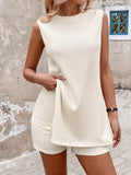 Side Slit Tank Top and Shorts Set in cream textured fabric by Trendsi, a stylish warm-weather outfit