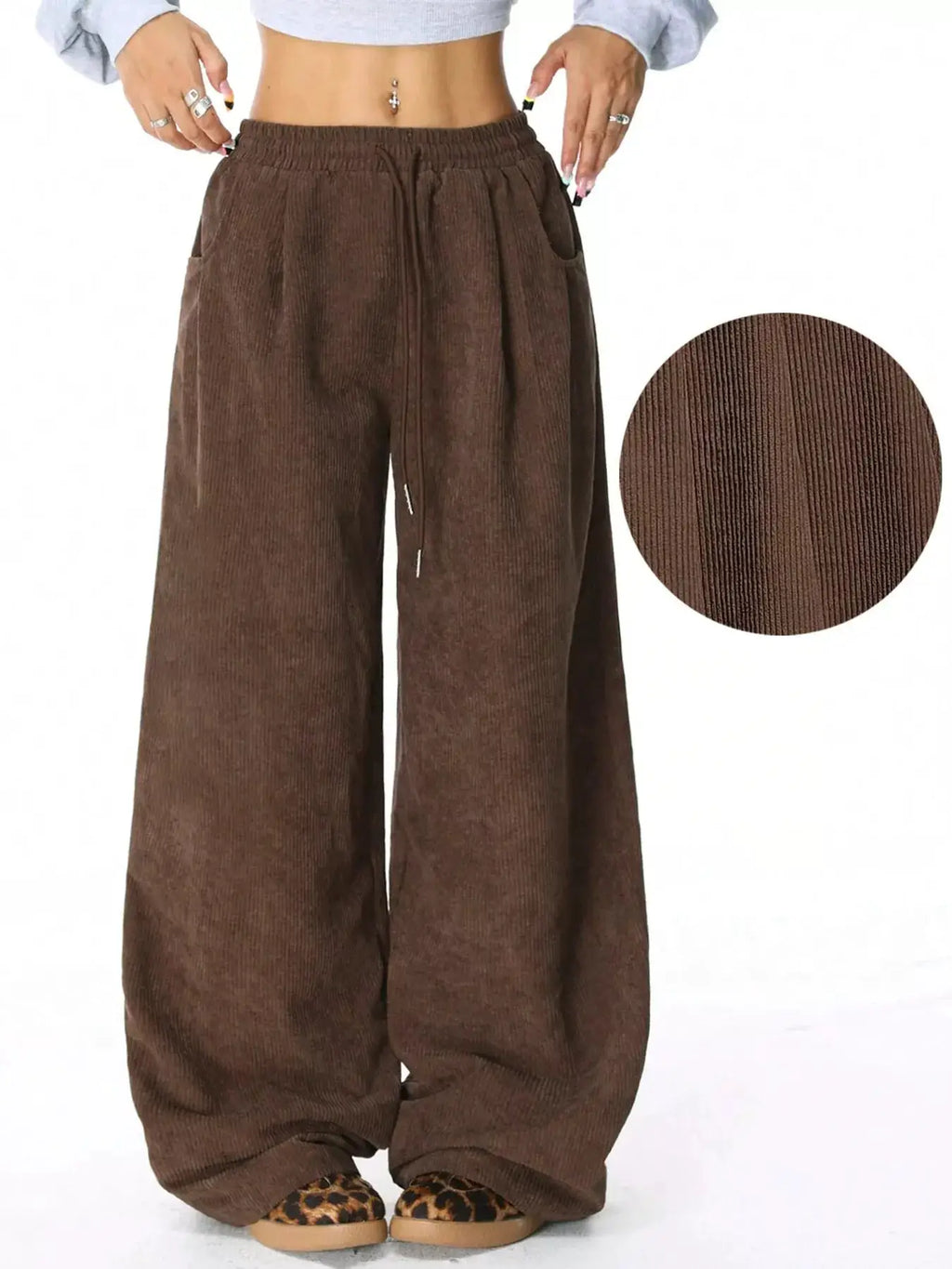 Casual corduroy wide-leg pants by Belle Bijouix in brown with drawstring and pockets