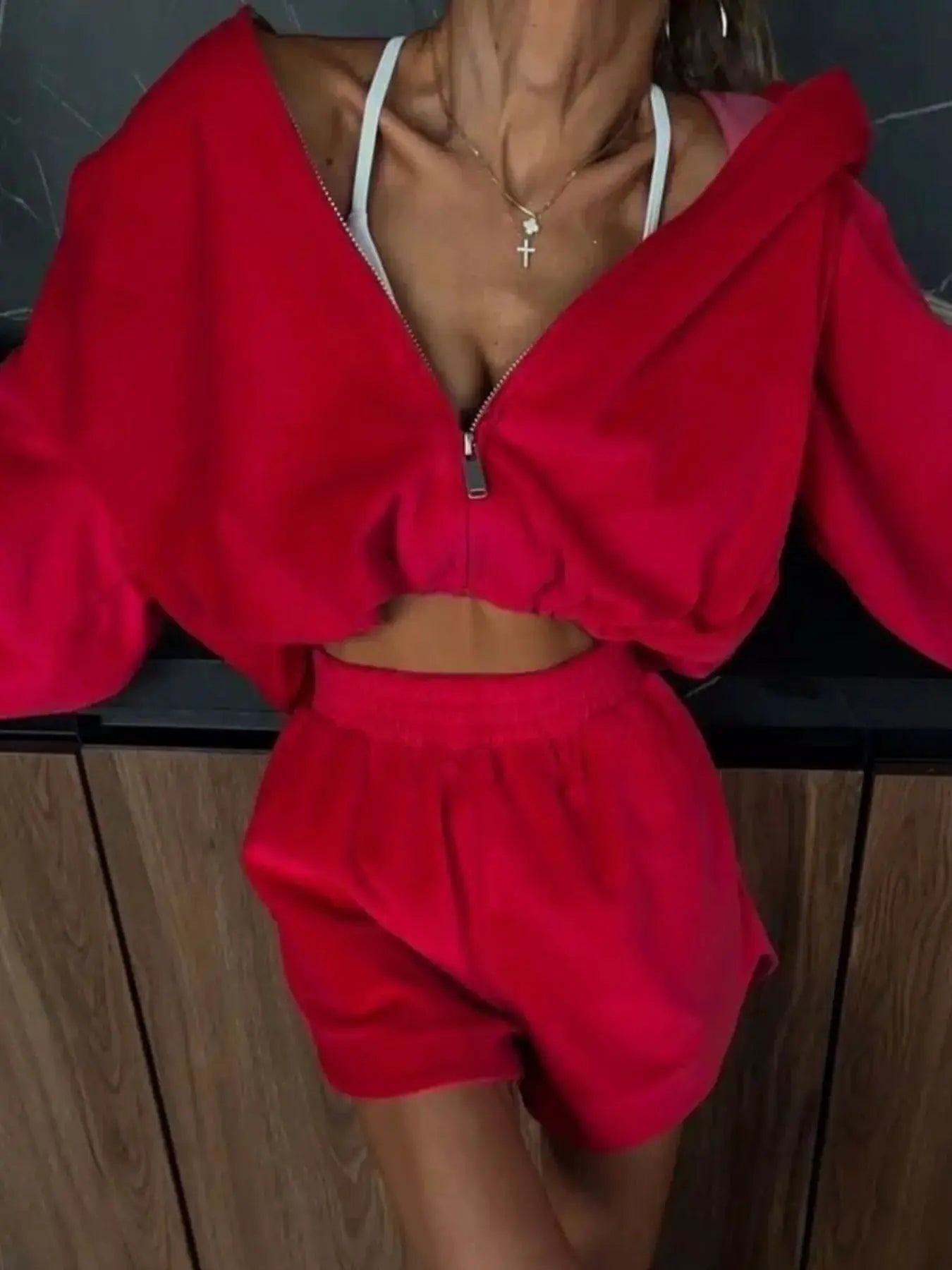 Long Sleeve Zip-Up Hoodie & Shorts Set, two-piece red by Belle Bijouix, women's activewear