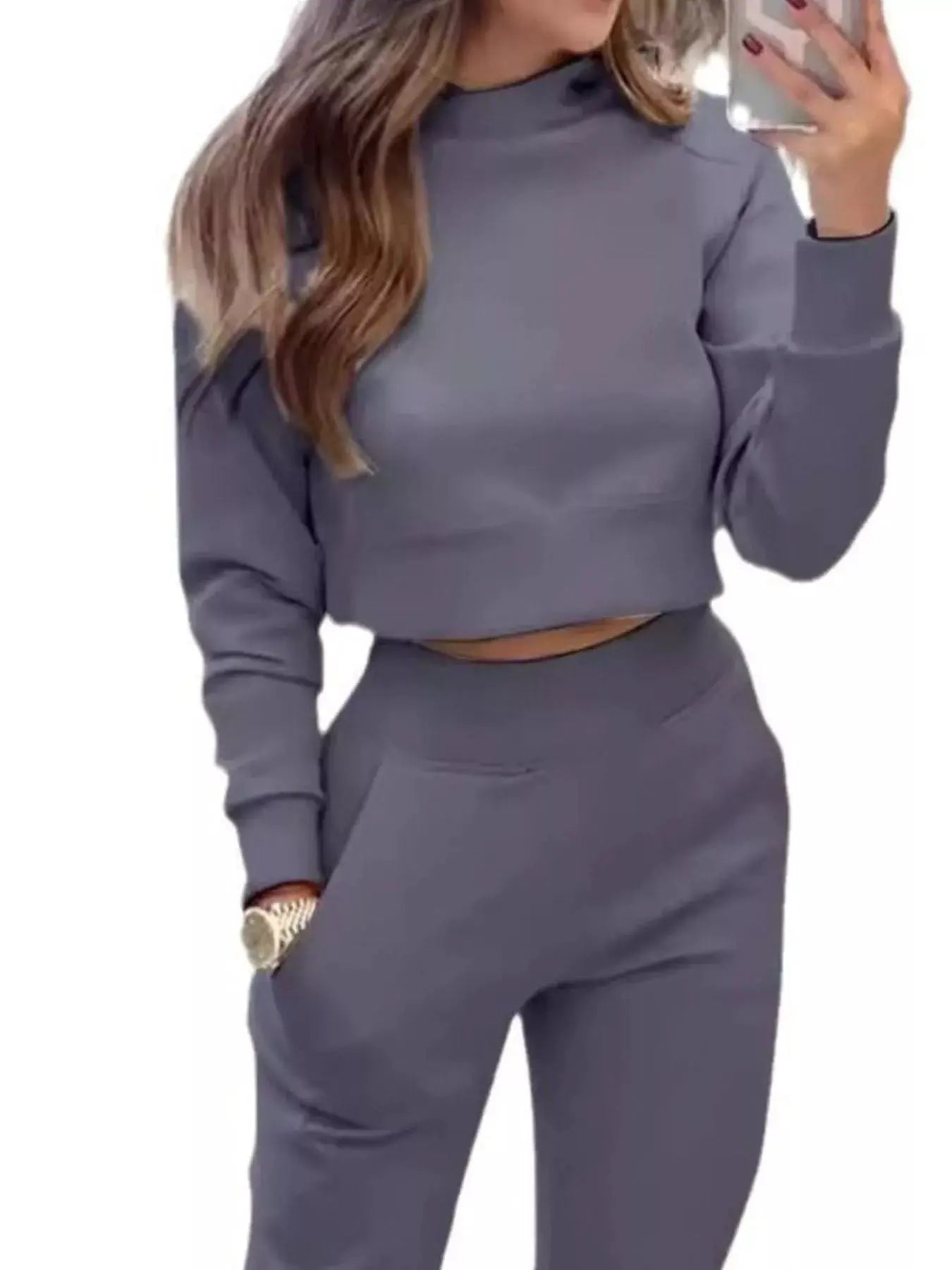 Casual chic two-piece cropped sweatshirt and jogger set in gray with pockets; Belle Bijouix active wear.