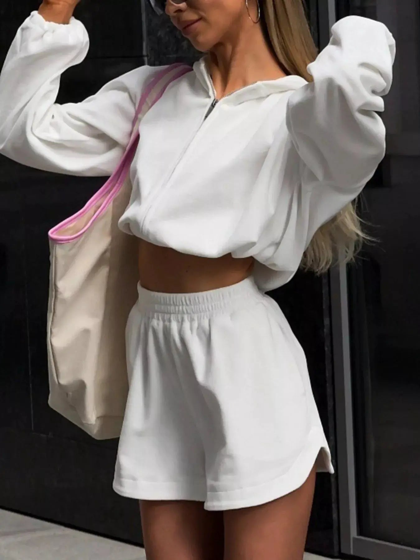 Long Sleeve Zip-Up Hoodie & Shorts 2-Piece Set by Belle Bijouix in white activewear