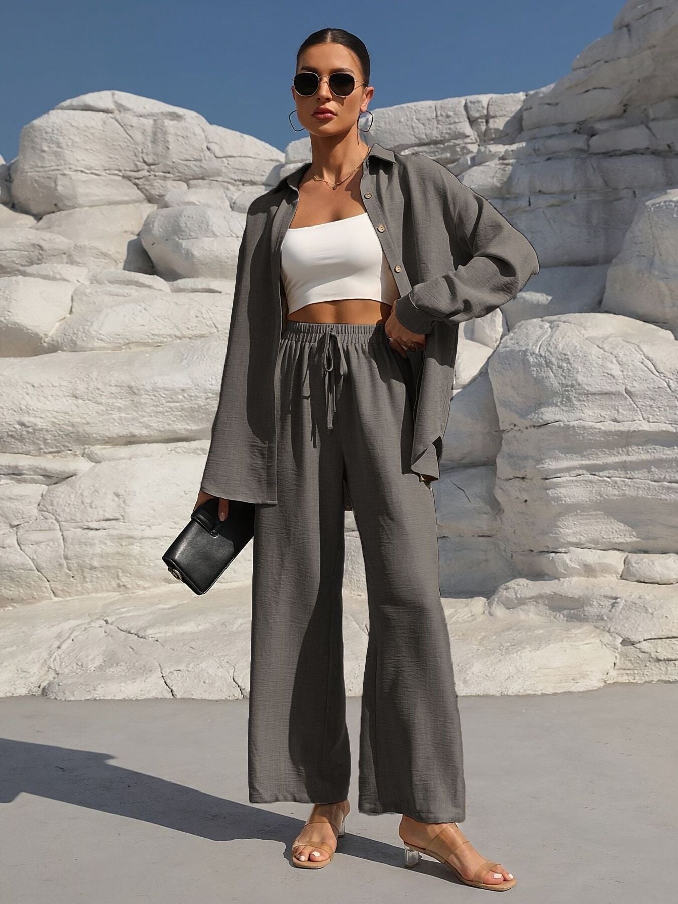 Button Up Long Sleeve Shirt and Pants Set by Trendsi in gray with matching wide-leg drawstring pants
