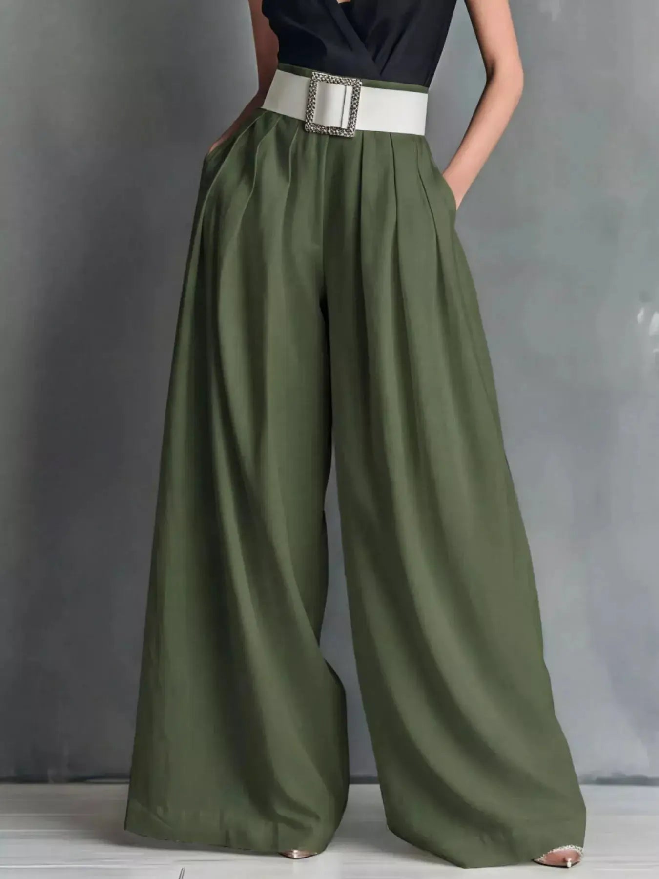 High-Waisted Wide-Leg Pants in olive green with white jeweled-buckle belt by Trendsi