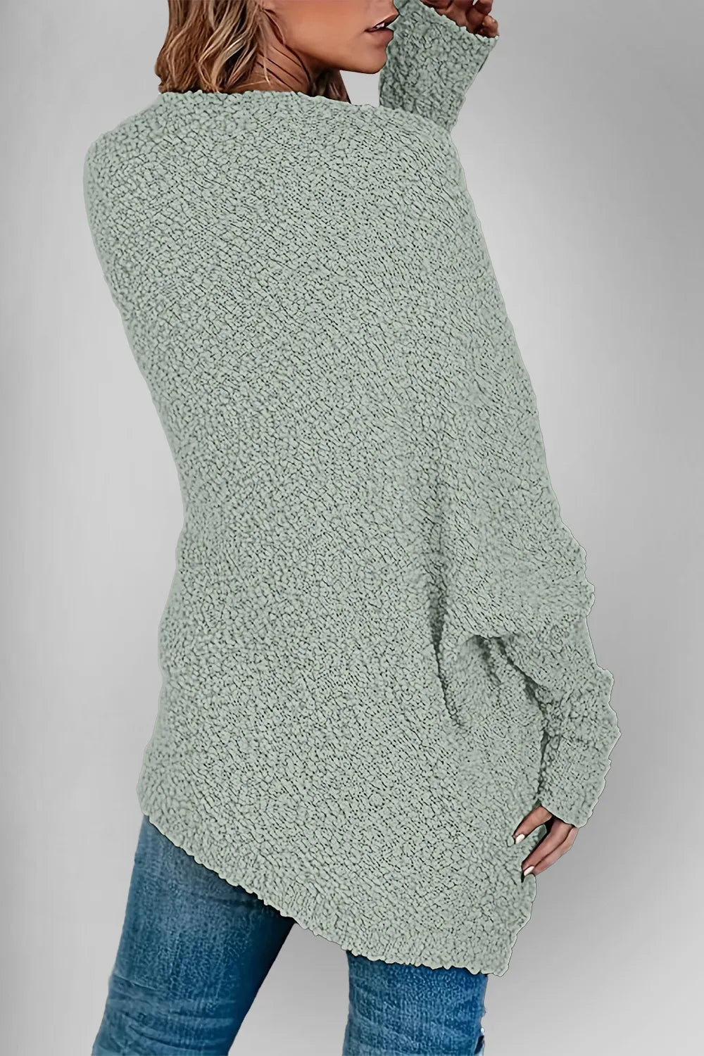 Double Take pocketed open-front long-sleeve cardigan in sage green teddy-knit fabric