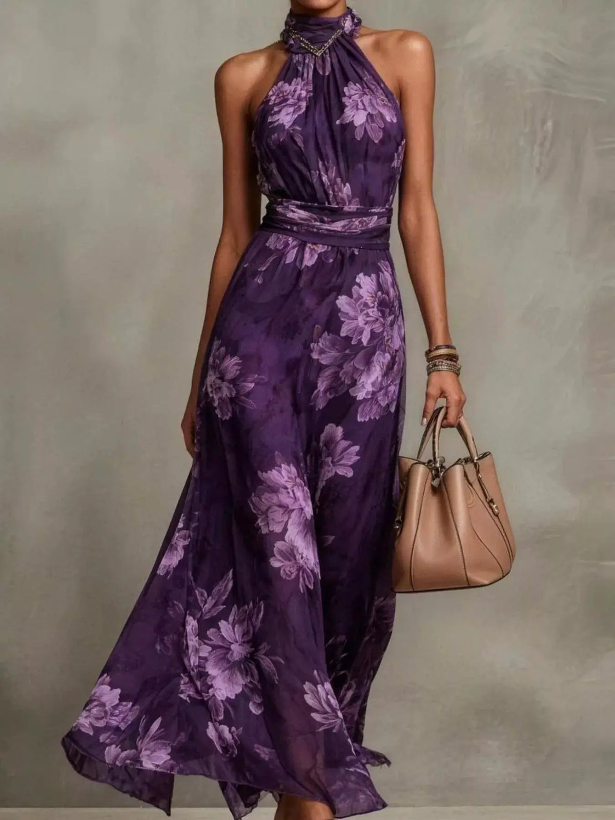 Plus size purple floral print sleeveless maxi dress with halter neckline and waist sash