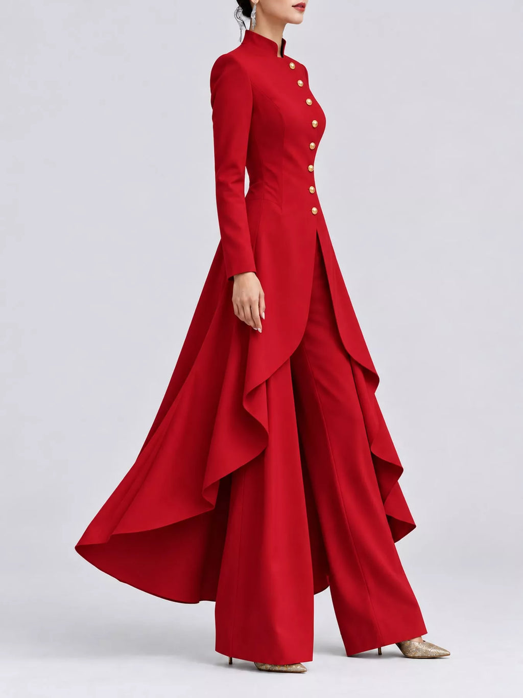 Ruffled High-Low Button Tunic & Wide-Leg Pants Set in Red by Belle Bijouix – view 59 of 82