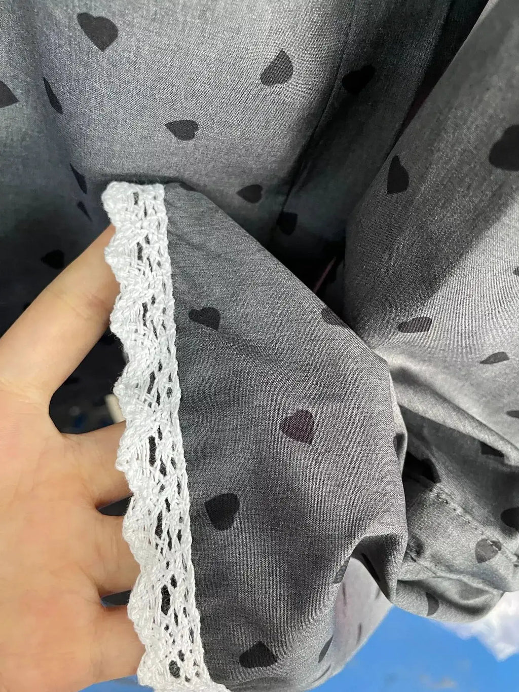 Heart Print Button Up Flounce Sleeve Shirt in grey fabric with white lace trim