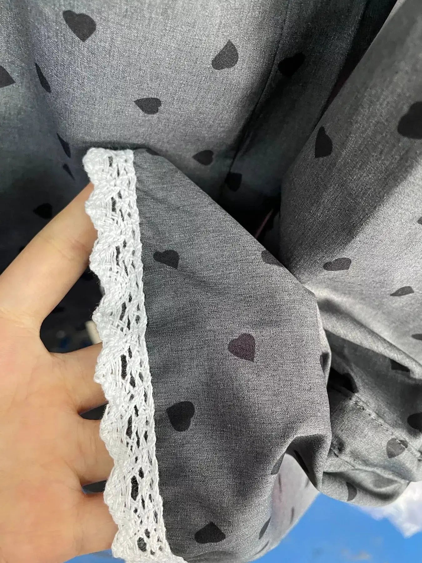 Heart Print Button Up Flounce Sleeve Shirt in grey fabric with white lace trim