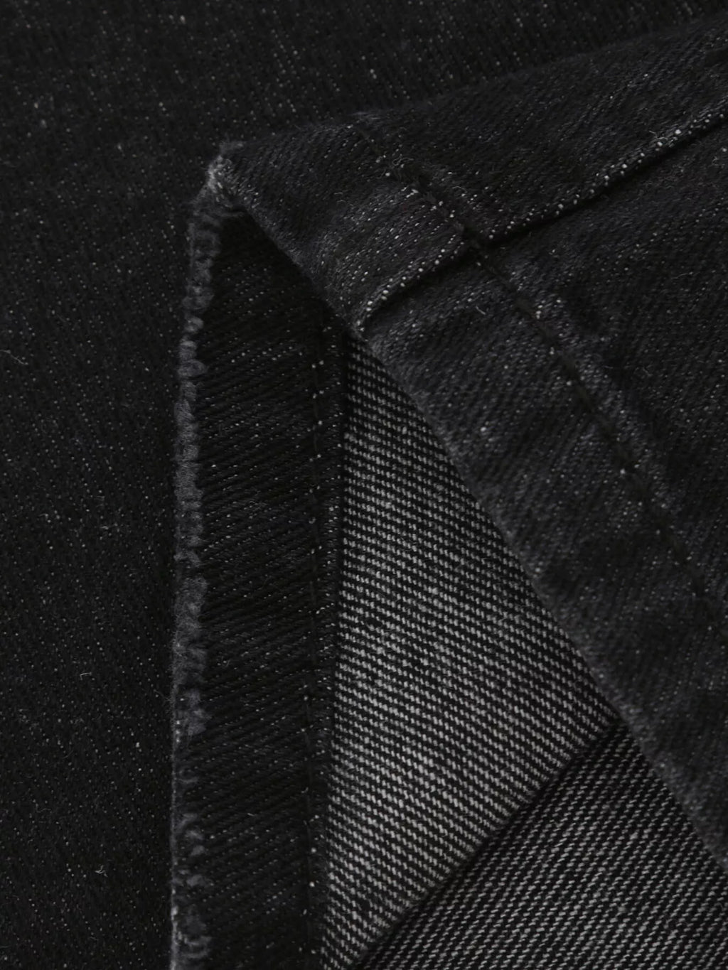 Distressed loose-fit jeans closeup in black denim with visible seam and folded cuff