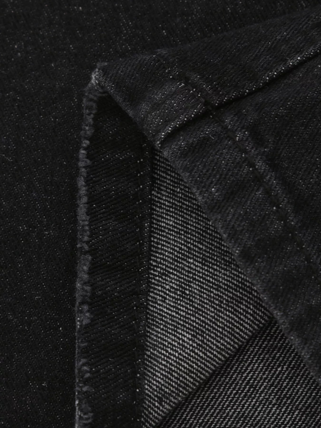 Distressed loose-fit jeans closeup in black denim with visible seam and folded cuff