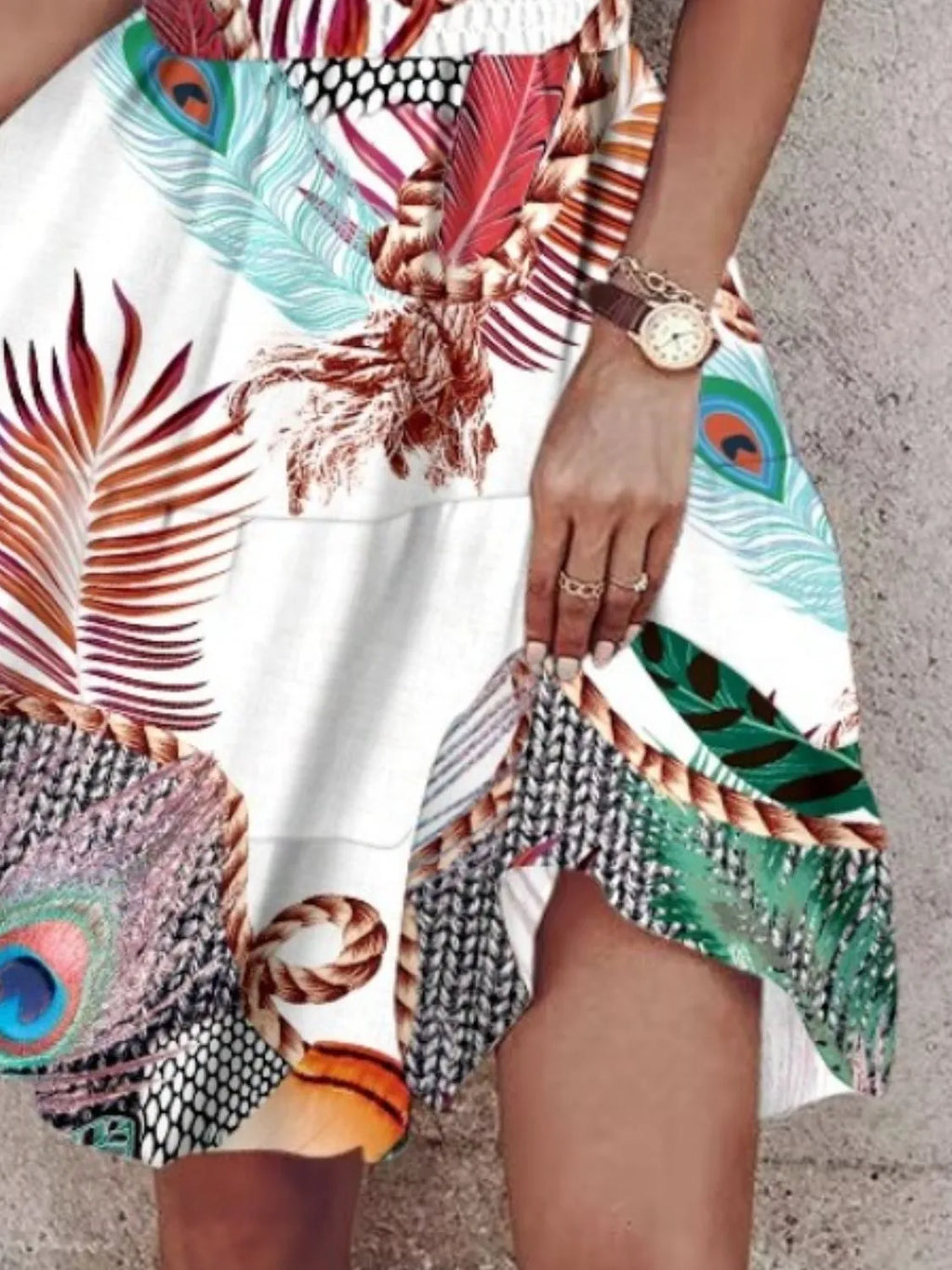 Paisley Print Halter Neck Mini Dress in white with multicolor tropical pattern and ruffled smocked details