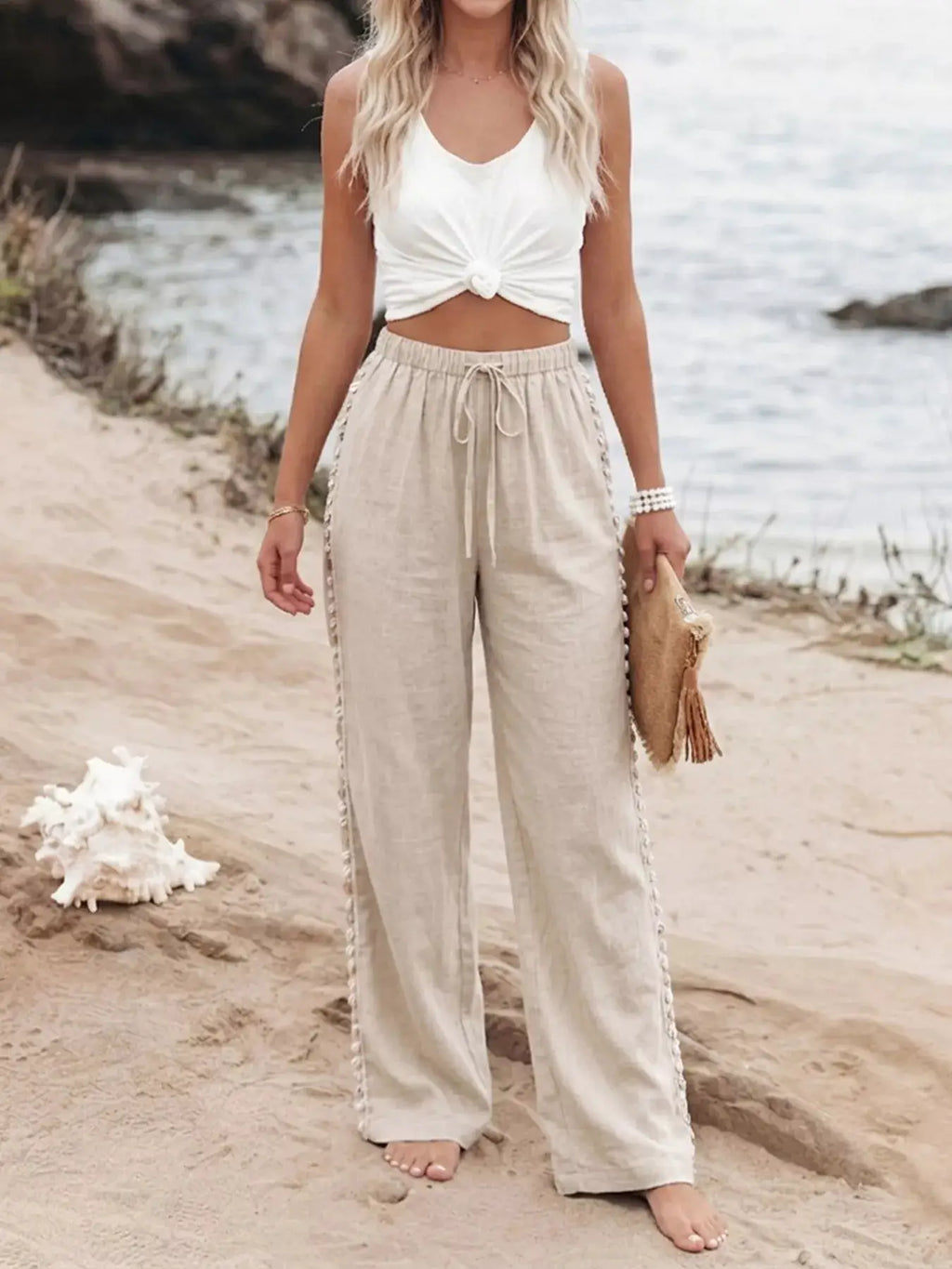Drawstring Wide Leg Pants in beige linen fabric with a tie waist detail