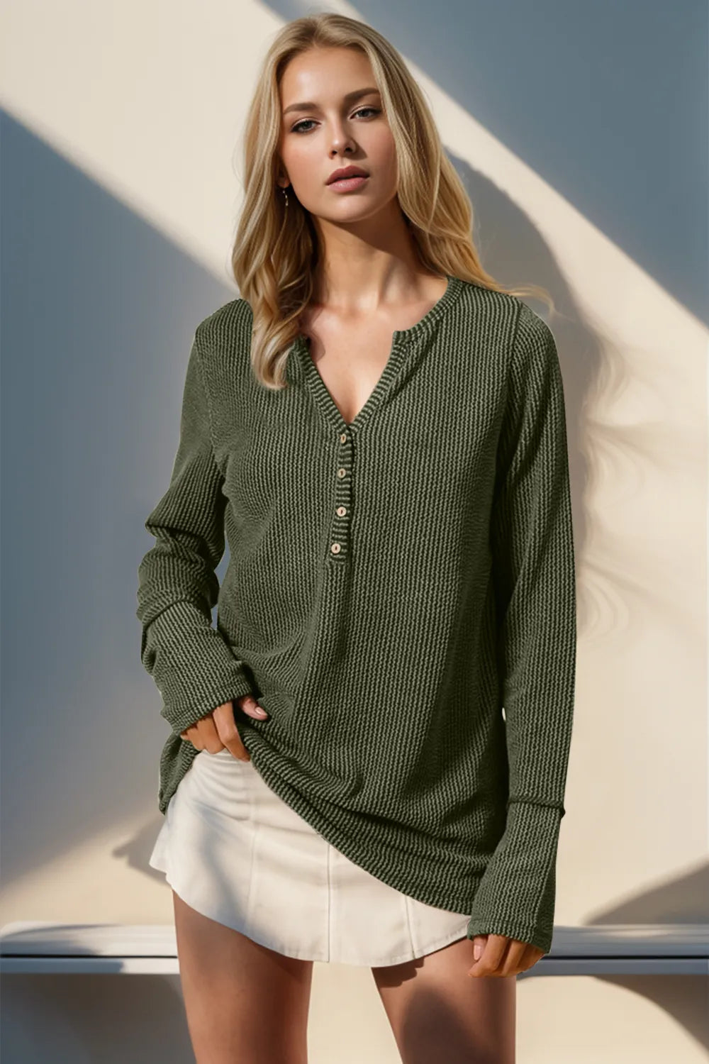 Double Take full-size notched thumbhole long sleeve T-shirt in olive-green knit with button placket