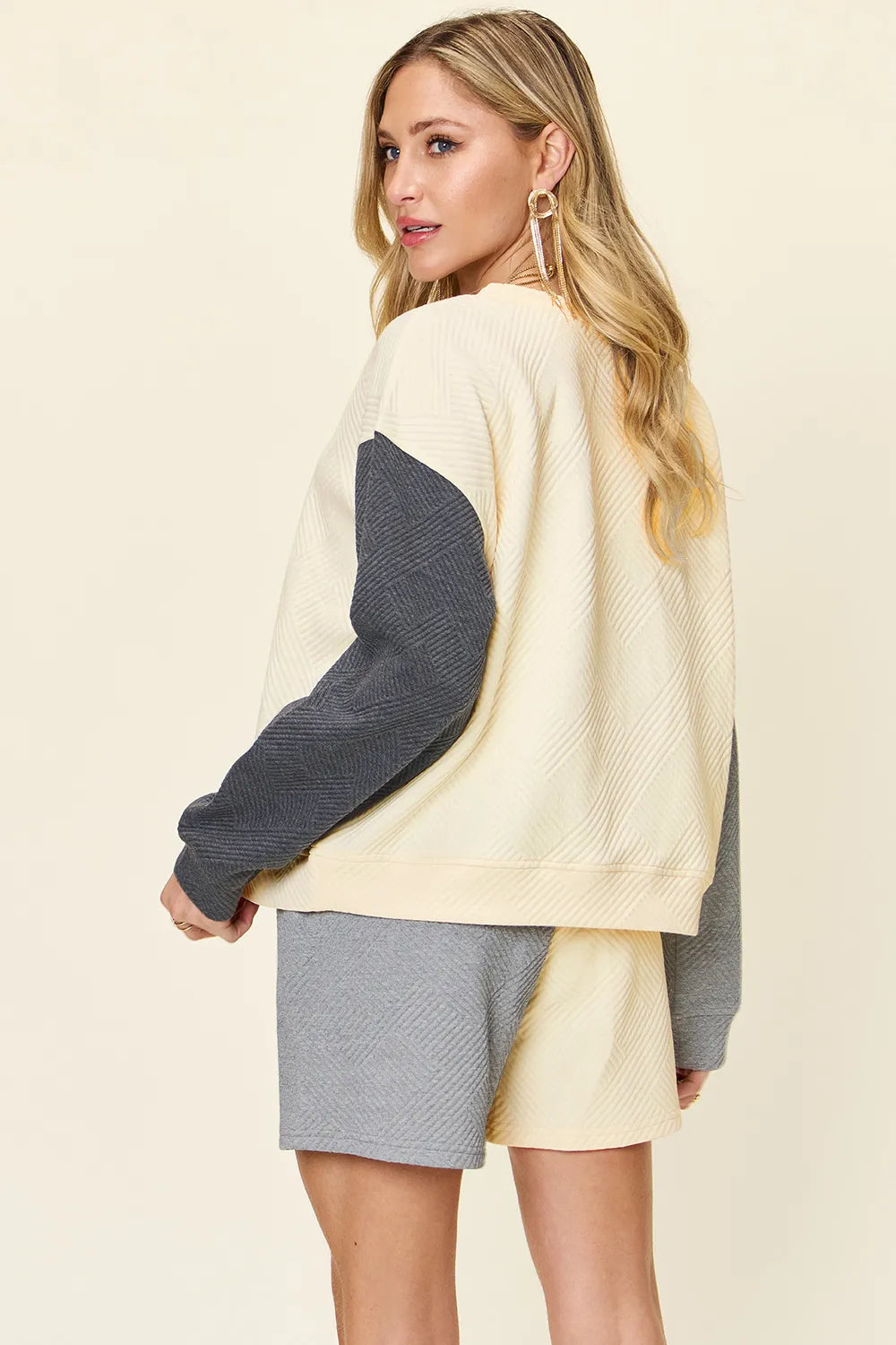 Double Take full-size contrast drop-shoulder top and shorts set, cream and gray, pocketed, Belle Bijoux.
