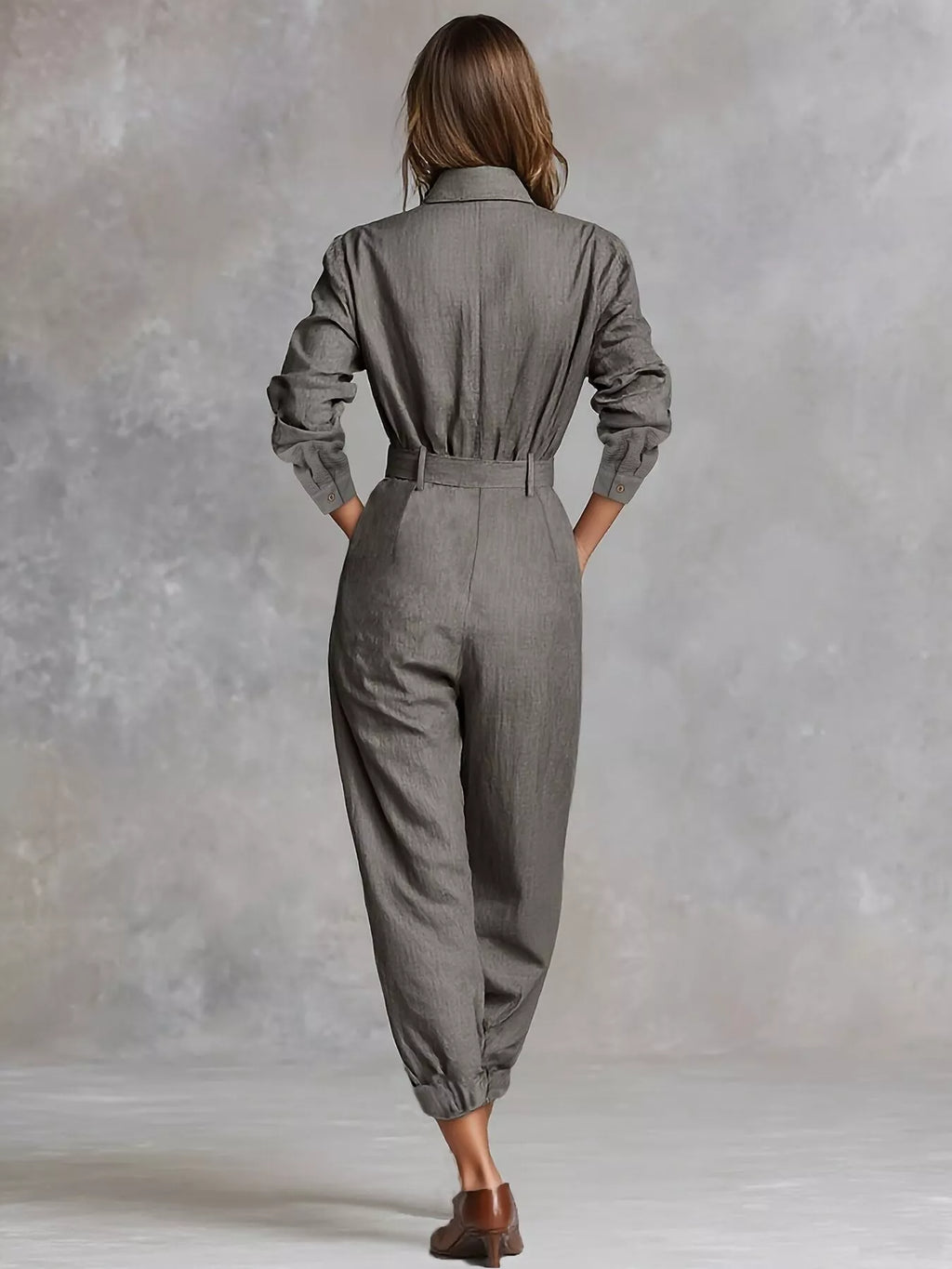 Button-Front Belted Long-Sleeve Jumpsuit
