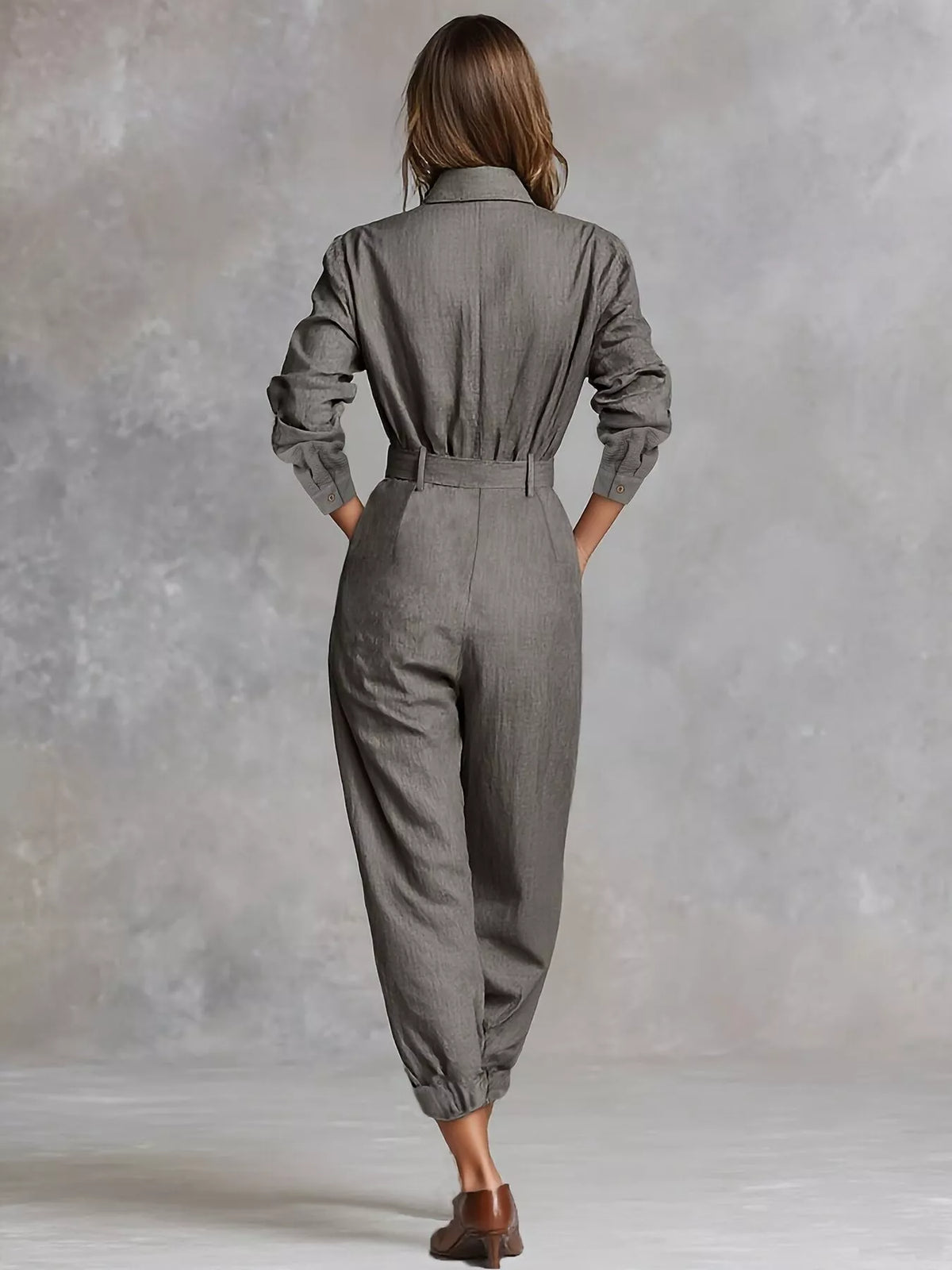 Button-Front Belted Long-Sleeve Jumpsuit