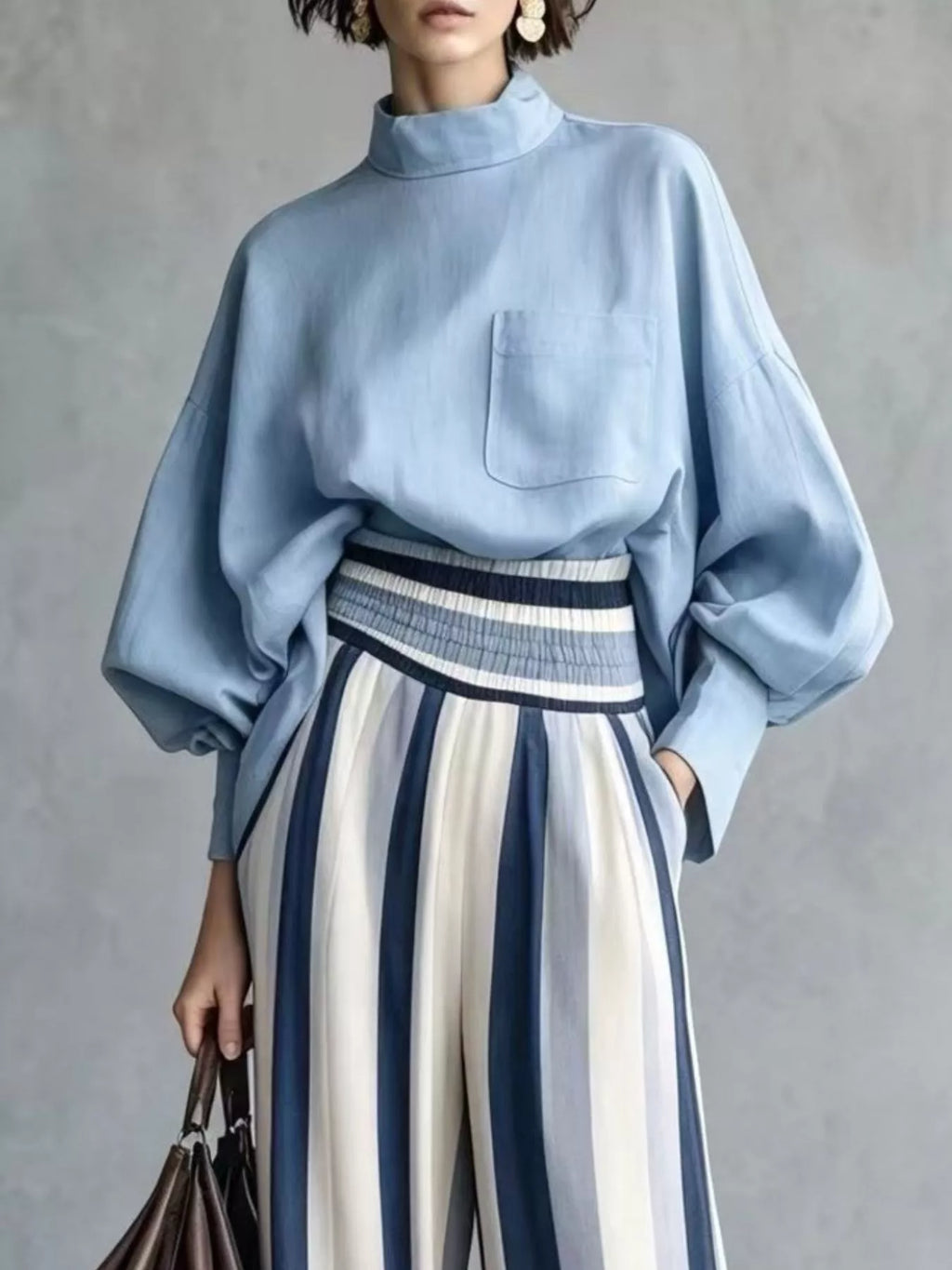 Mock Neck Blouse & Striped Wide-Leg Pants Set in Sky Blue by Belle Bijouix – view 8 of 12