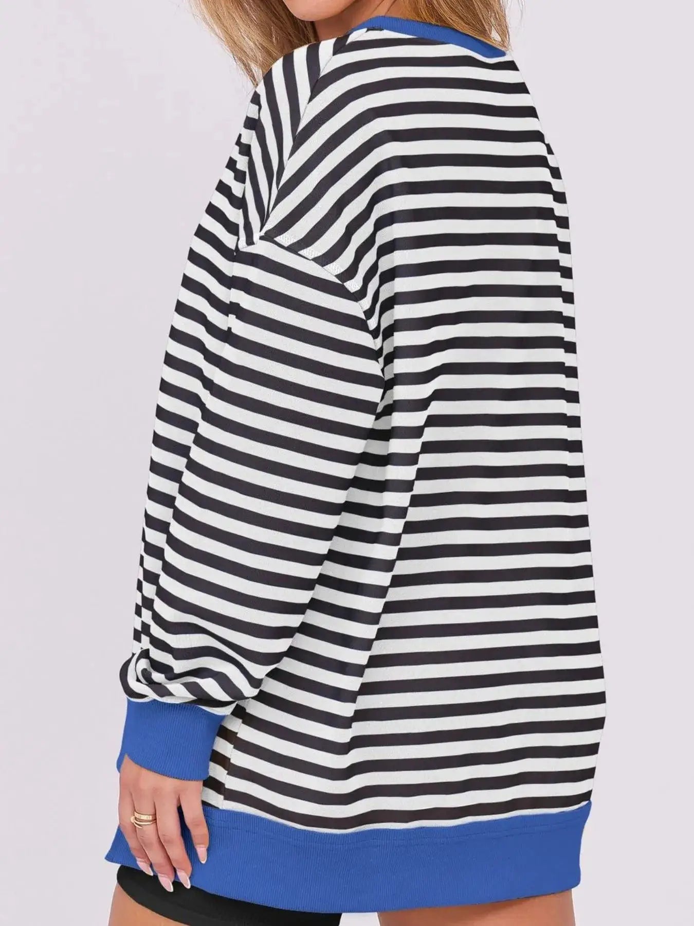 Notched Long Sleeve Oversized Sweatshirt in black and white stripes with blue ribbed cuffs and hem