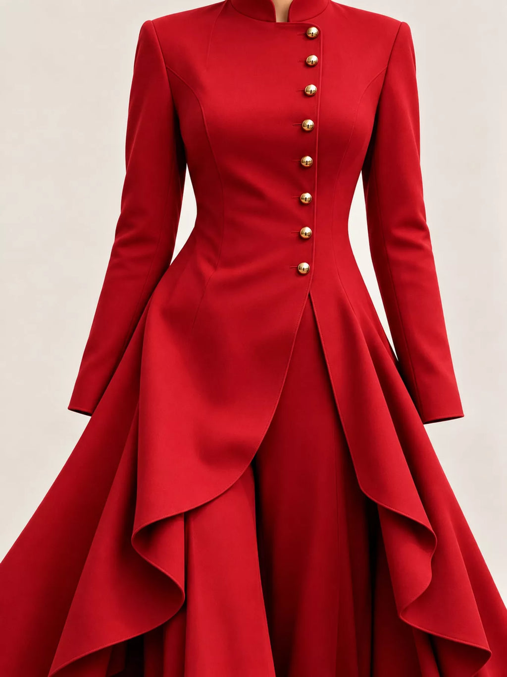 Ruffled High-Low Button Tunic & Wide-Leg Pants Set in Red by Belle Bijouix – view 62 of 82
