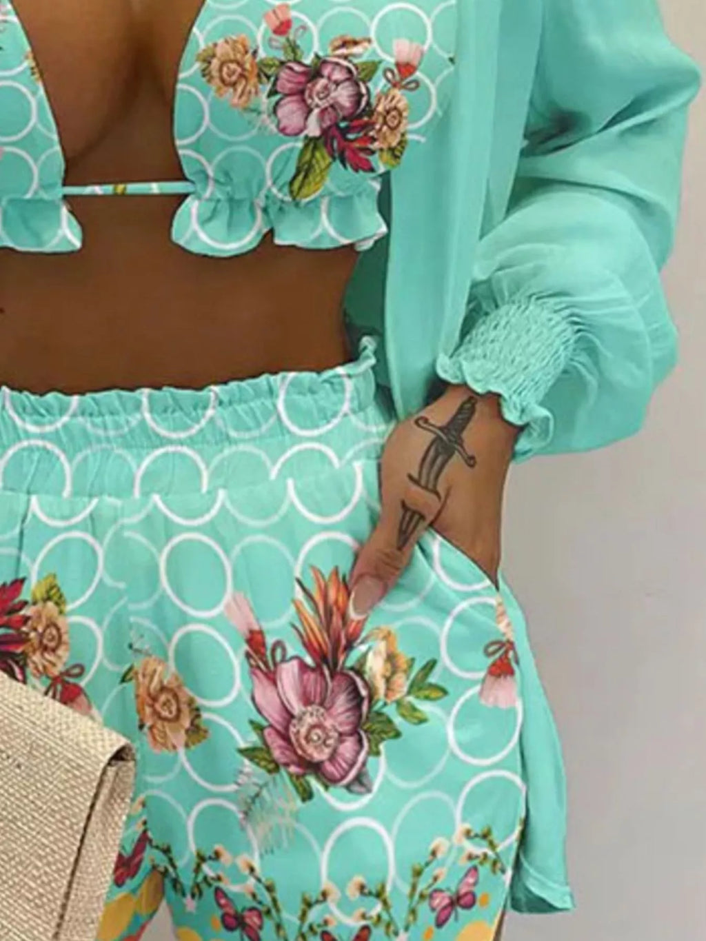 Full-size halter-neck cami 3-piece outfit by Trendsi in teal floral print with matching shirt and shorts